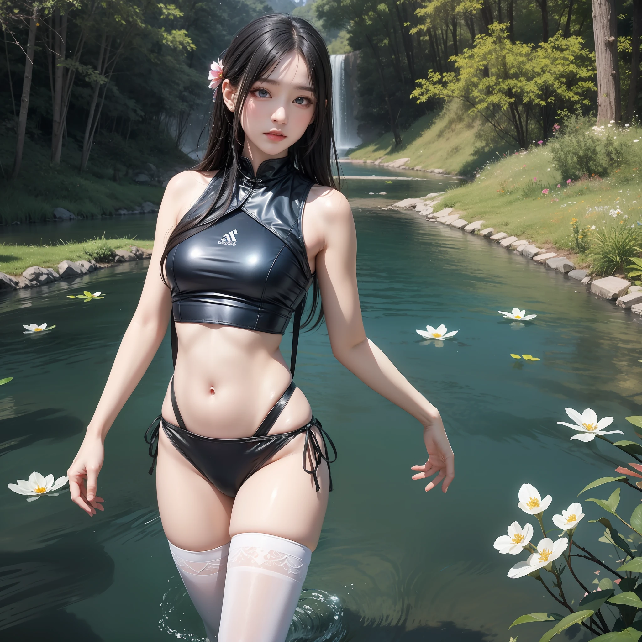 Sparkling lake,Trees overgrow,A hundred flowers argue。
Beautiful girl,Flowing hair and crystal clear lake water,untidy,Flowing,melt,Water mist effect,Elegant blue gradient,intricated,octane rendered,Depth。Graceful,Graceful,Small man's waist,Vest line,Long legs。
Fitted with a suspender pocket,Colorful swimming trunks,Sexy tights。
Detailed eyes,Starry eyes,shiny glistening eyes,incredible detail,Extreme close-up,The ultra-Realistically,muted colors,Baohe style painting,Transparent fragments,air bubbles,Flowing beads,Everything melts and flows,Fractal,8K