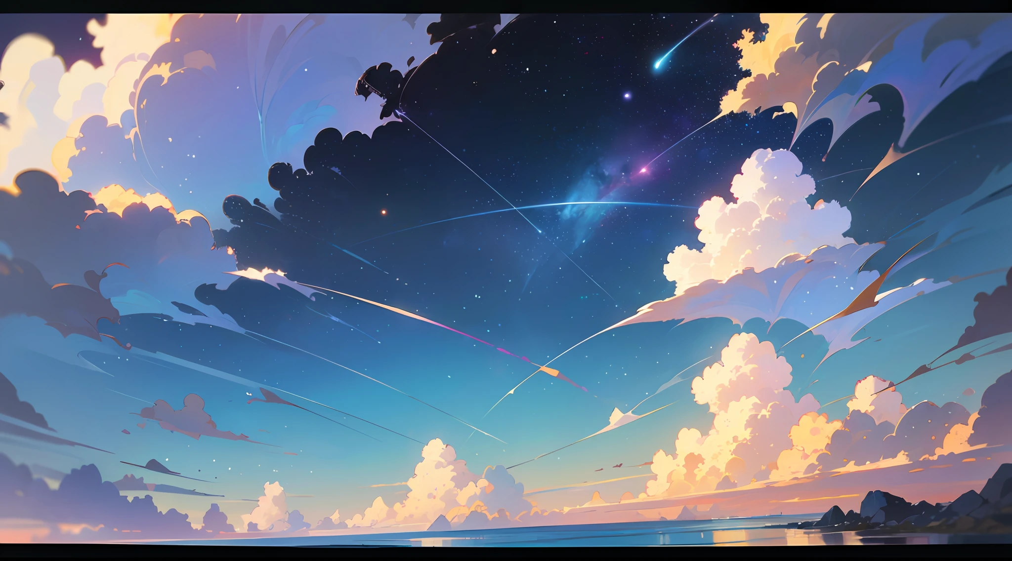 There is a picture of the sky with clouds and stars, space sky. By Makoto Shinkai, Anime Sky, Anime Clouds, Blue Sea. Makoto Shinkai, Makoto Shinkai's style, Makoto Shinkai's style, Los Tran. Inspired by the scenic background, Makoto Shinkai, Makoto Shinkai. - H 2160, summer, Makoto Shinkai concept art, tumblr, magical realism, beautiful anime scene, beautiful sky. Makoto Shinkai, ((新海誠)), anime background art, anime background, Makoto Shinkai's style, anime movie background, galaxy express, no human