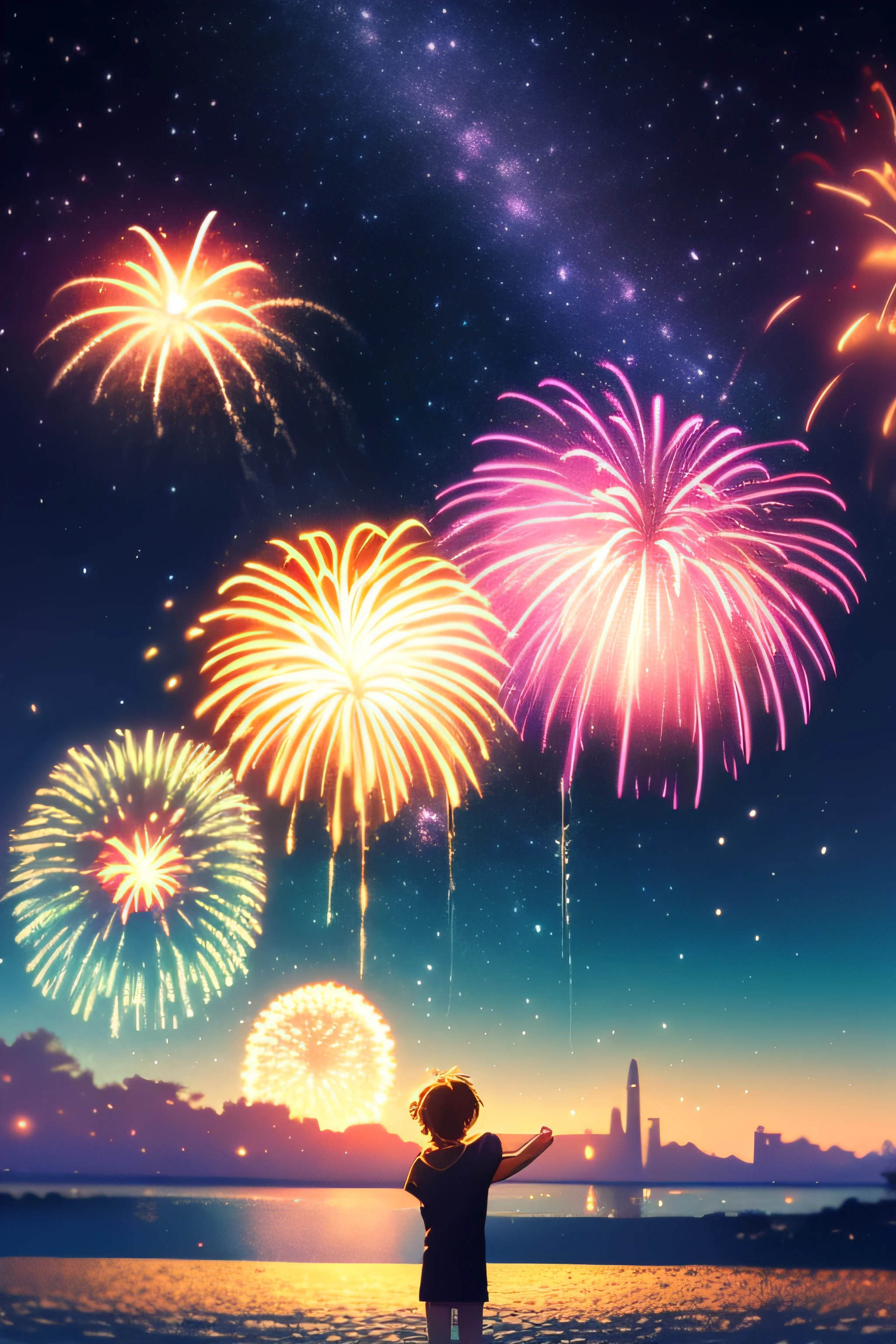 Beautiful night sky、Milky Way Galaxy、firework、Fantastical、love、lover、joy、glad