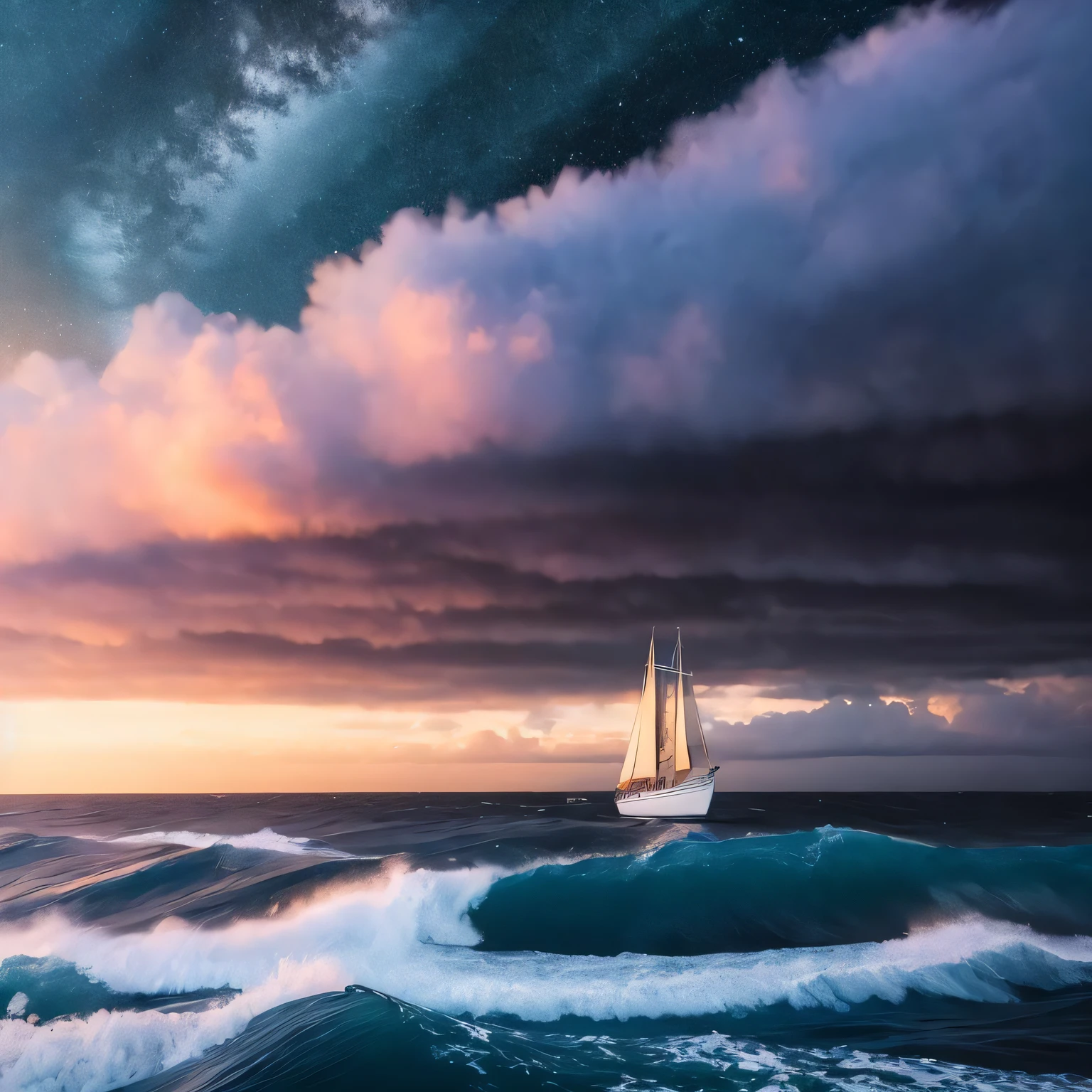 A real photographic landscape painting with incomparable reality, Super wide, Ominous sky, Sailing boat, Wooden boat, Lotus, Huge waves, Starry night, Cyberpunk, Volumetric lighting, Clearing, Realistic, James gurney, artstation