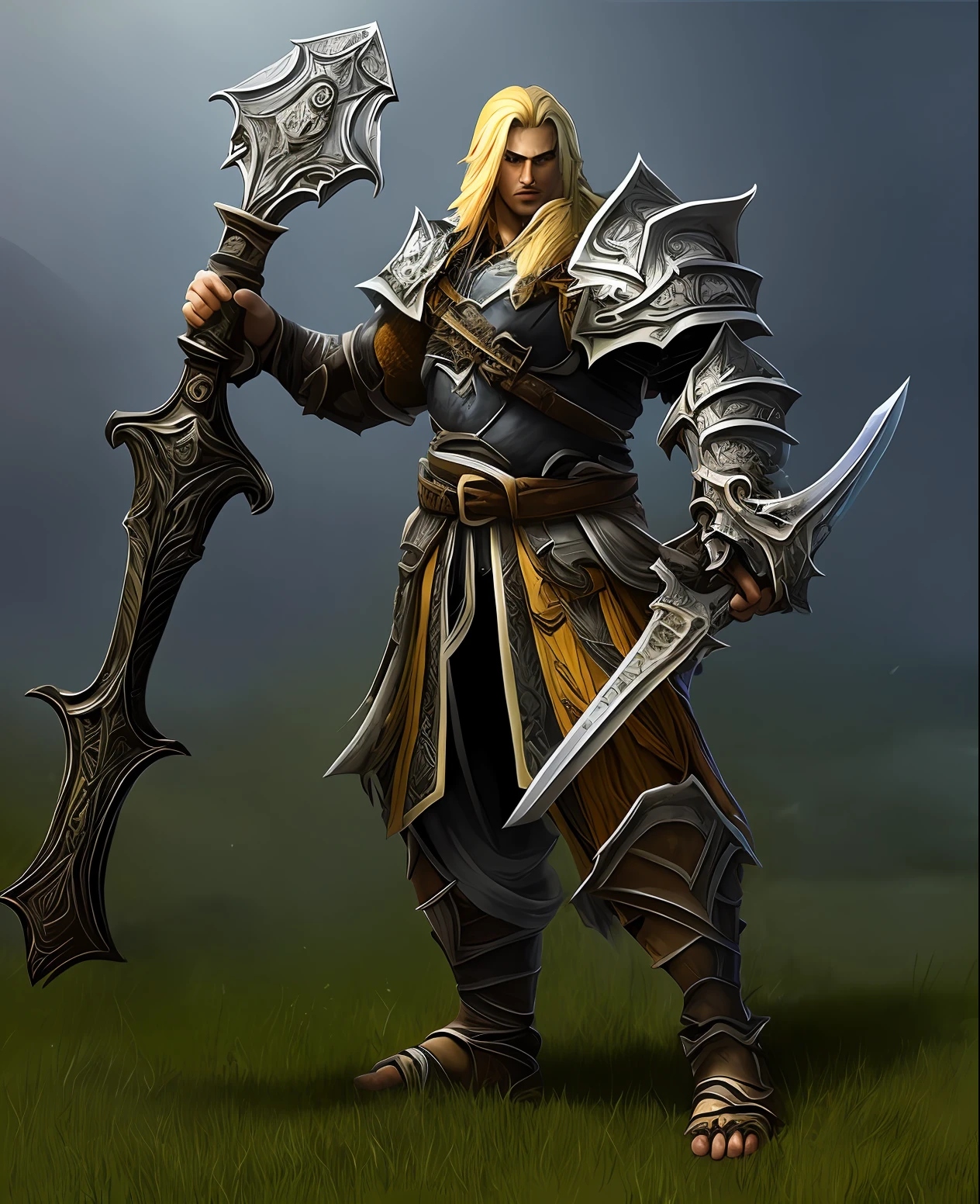 arafed male in armor holding a large sword and a large sword, picture of an adult male warrior, a human male paladin, darksiders style, ares with heavy armor and sword, male paladin, male warrior, infinity blade armor, from ncsoft, render of heavy fantasy armor, infinity blade concept art, warrior platinum armor, barbarian class