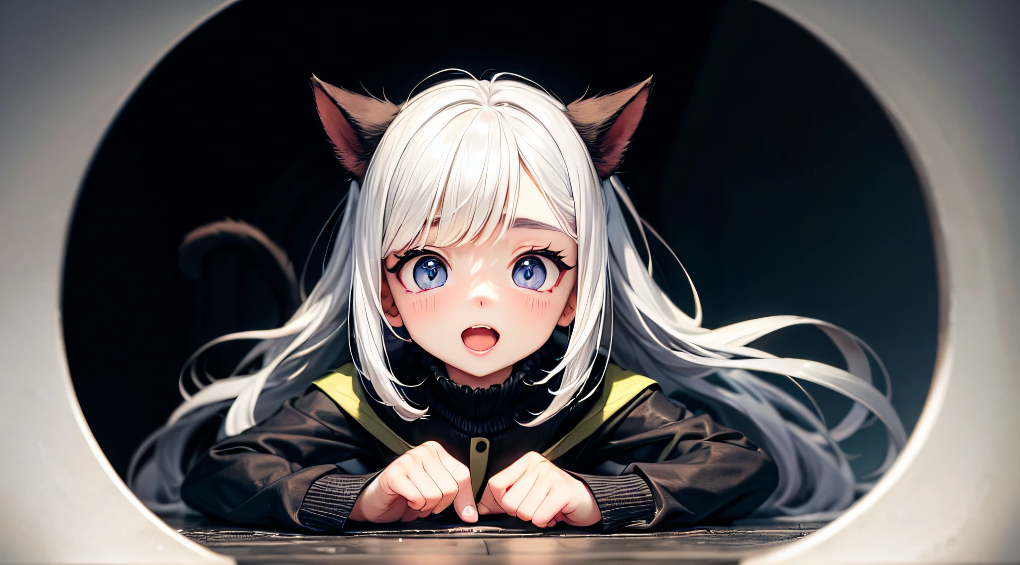 A cat cat,Lovely,Fat toot,Blank background,Pure white hair,White hairs,Round face,super big eyes,Moe,Slightly open mouth,close-up of the private parts