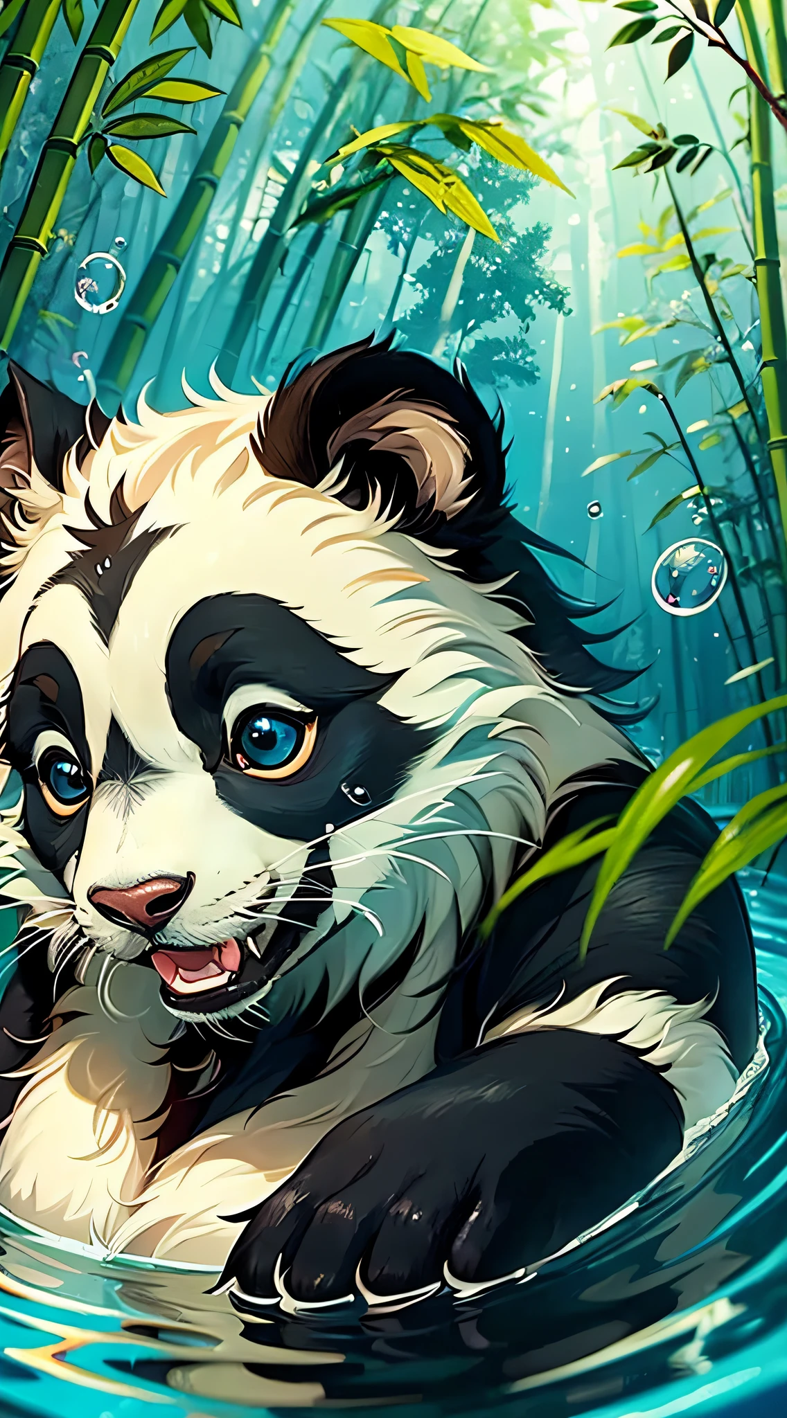 panda bear in the water with bamboos and water bubbles, cute detailed digital art, furry fantasy art, Avatar image, adorable digital painting, Furry art, fursona art, very very beautiful furry art, cute detailed artwork, Furry art!!!, Panda, detailed fanart, jen bartel, digital painting highly detailed, Cute panda, furry character portrait, A panda，Cutes，close-up to face，Longhaire，leaf，bamboo forest，withouth People，under water，blister，Bubbles，More details，central，Body，Rich in color，adorable smile，Best Picture Quality，8K，high saturated --auto