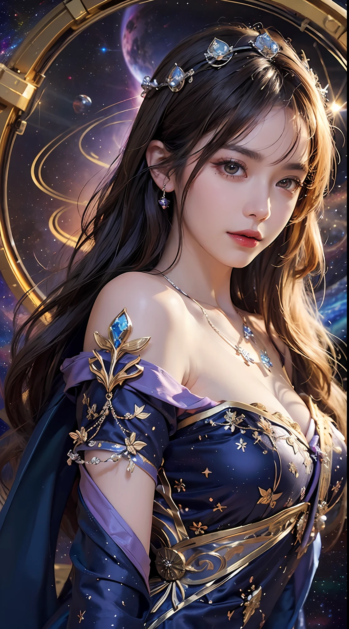 1 27-year-old girl, 1 zodiac goddess from the future, goddess of the pink and purple 12 zodiacs, the goddess of the zodiac in a yellow ao dai, a 12 zodiac ao dai with many black lace detail, mythology Goddess of the 12 zodiacs from the future, zodiac ♏, luxurious glittering zodiac style, dark and mysterious version, zodiac crown, lipstick lips red, thin and beautiful lips, don't smile, keep your mouth shut, characters made by karol bak and pino daeni, intricate detail, detailed background, extremely detailed, light magic, a woman, clear face, look at the face of goddess zodiac look at the zodiac goddess face, moderately large breasts, round breasts, Big and round breasts, hair long with bangs, beautiful face in detail and well-proportioned eyes, (transparent yellow eyes: 1.8), big round eyes and very beautiful and detailed makeup, foresight, silk dress, mysterious makeup, Bangles, double bangs and dyed light blonde, upper body, (zodiac goddess upper body: 1.9), arms hanging loosely, Realistic and vivid photo, (stars make up the zodiac: 1.7), (sky background zodiac and fictitious space and time portal: 1.8), fiction art, RAW photo, hanfu picture, best photo, high_res, best quality, best photo quality, 8k quality, 8k ultra, super realistic, real photo most economical, artistic portrait of goddess zodiac, 1 symbol of 12 zodiac signs on the back, single portrait of 1 zodiac goddess, The most realistic color scheme, the best photo color, masterpiece, hair ornament, necklace, jewelry, Beautiful face, upon body, tyndall effect, photo realistic, dark studio, rim lighting, two tone lighting, (high detailed skin:1.2), 8k uhd, dslr, soft lighting, high quality, volumetric lighting, candid, Photograph, high resolution, 4k, 8k quality, Bokeh, Smooth and sharp, increase the pixel by 10x, Charming zodiac goddess, sexy zodiac goddess, (background space:1.8), (galaxy: 1.7), aurora, lightning, (Auroral Background: 1.8) <lora:locon_perfecteyes_v1_from_v1_