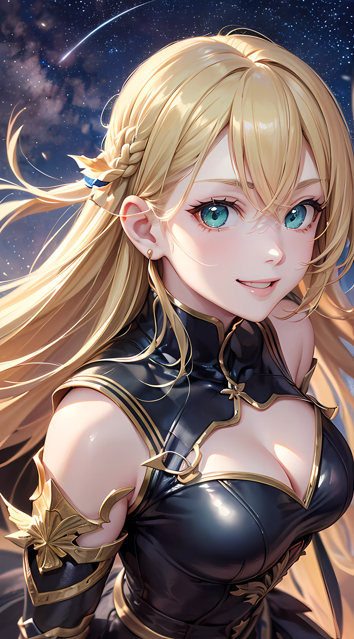 (in 8K, best qulity, The Masterpiece:1.2), The girls, a Pretty, Beautiful detail starry sky, night, (Sorrisos:1.35), Green eyes, Green eyes, night, Floating hair, a blond, アニメ, illutstration, Dressed in a long dress, Dressed in armor, Overhead view, Aori Viewpoint