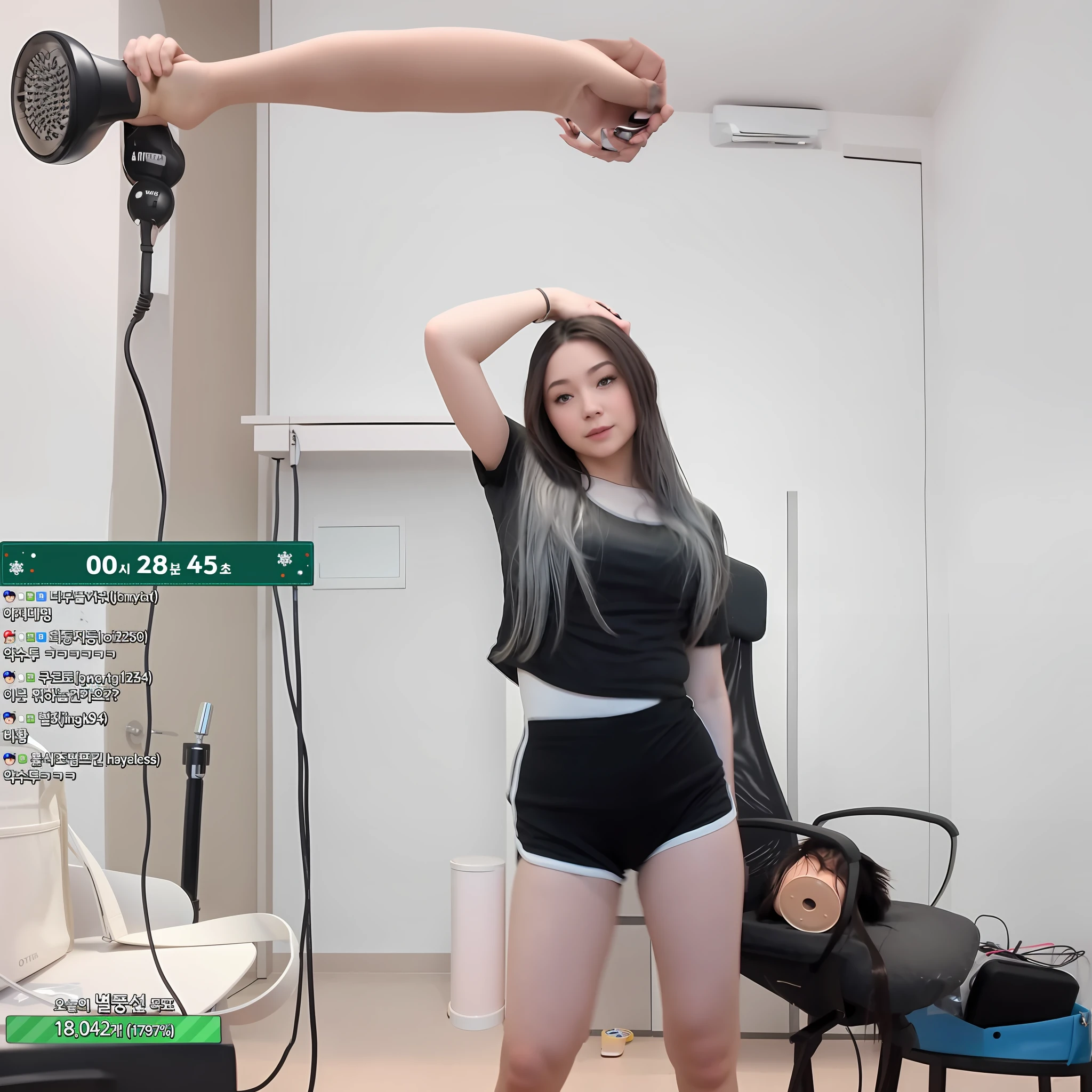 there is a woman in a black top and shorts holding a hair dryer, pretty face with arms and legs, exposed thighs!!!, she has a jiggly fat round belly, thighs!!!!!!, thighs!!!, thicc, thighs, hands behind her body pose!, thighs!!!! ornate, dressed in a top and shorts, highly realistic. live cam