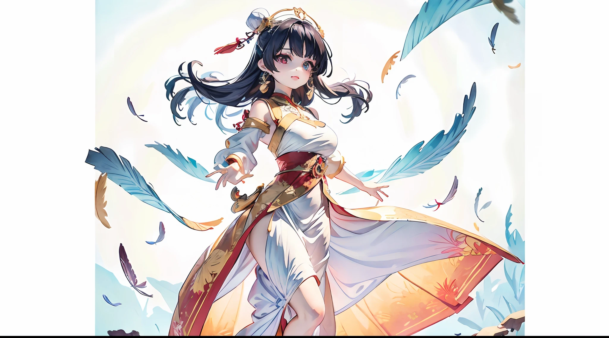 1girly,full - body,(Goldeneye),(redeyes),(Colored feathers),(Moe girl:1.1),Nice detailed eyes，Colored hair，Very long hair，smallbreasts，（looks at the viewer），stylish，cwoman，full of energy，outfits，front facing，Colorful，Dynamic，backgrounds，Elemental，Be confident，expressively，Hold，statement，fittings，Majestic，coil，around，Touch the，Scenes，attention-grabbing，stylish，bigger，Smart，modern day，stylish, focal point, stylish,,white  Background,The Masterpiece，the best qualityt，（the best qualityt), ((Masterpiece)), (high - resolution), Original Painting, Extremely detailed 8k wallpaper, (anextremely delicate and beautiful),((Detailed face)), beautifuldetailedeyes, Hair flutters in the wind, disheveledhair, lens flares,