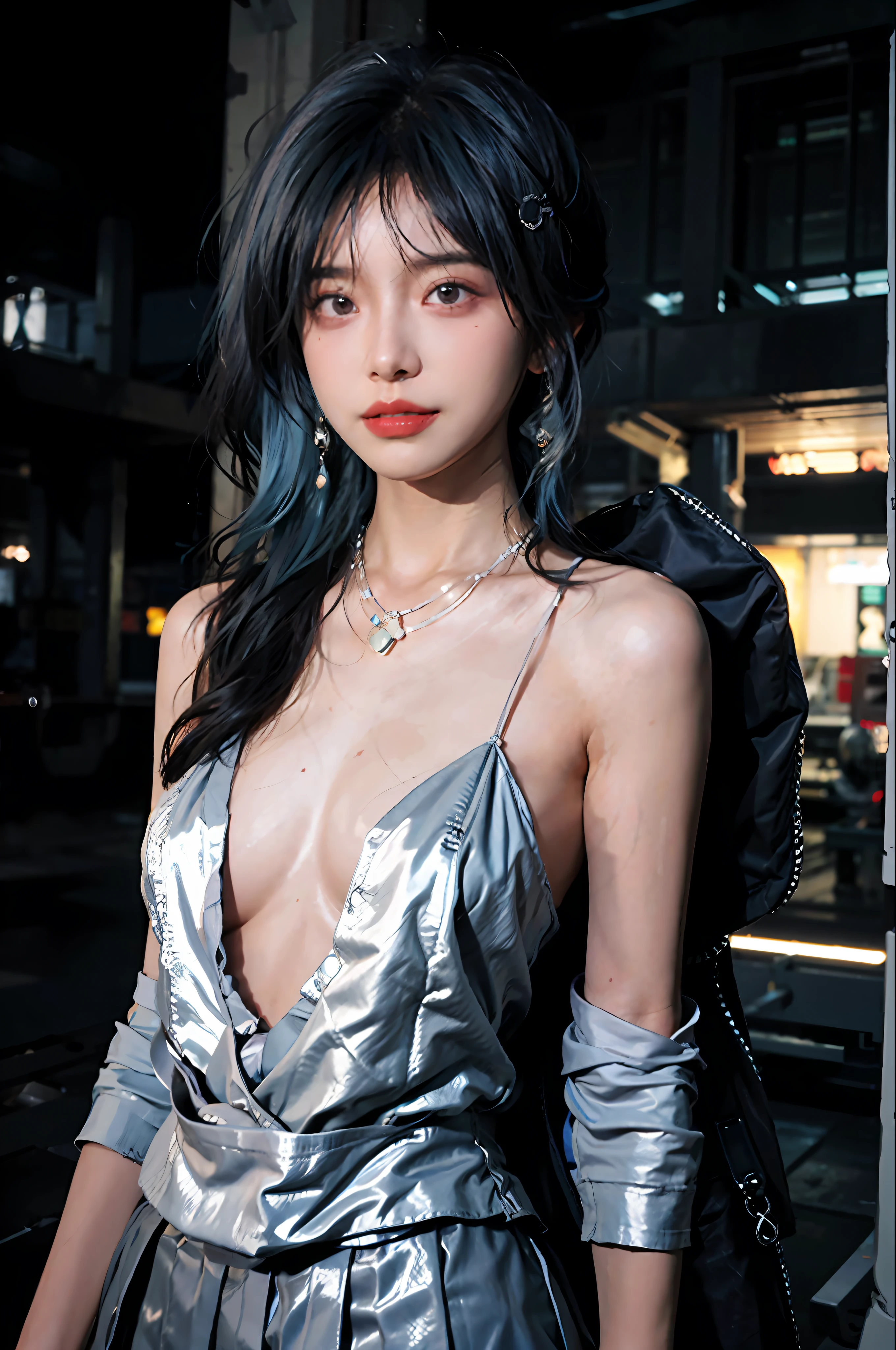 (masterpiece:1.4), (best quality:1.4), realistic, 1gril, solo, ((light blue hair)), hair ornament, very long hair, pink eyes, collarbone, upper body, slim body, shiny skin, detailed face, make up, red lips, parted lips, upper teeth, cleavage, small breasts, (jacket, pleated skirt), blue nails, necklace, earrings, fashi-girl, looking at viewer, professional light, night, future city, science fiction city, cyberpunk, spacecraft,