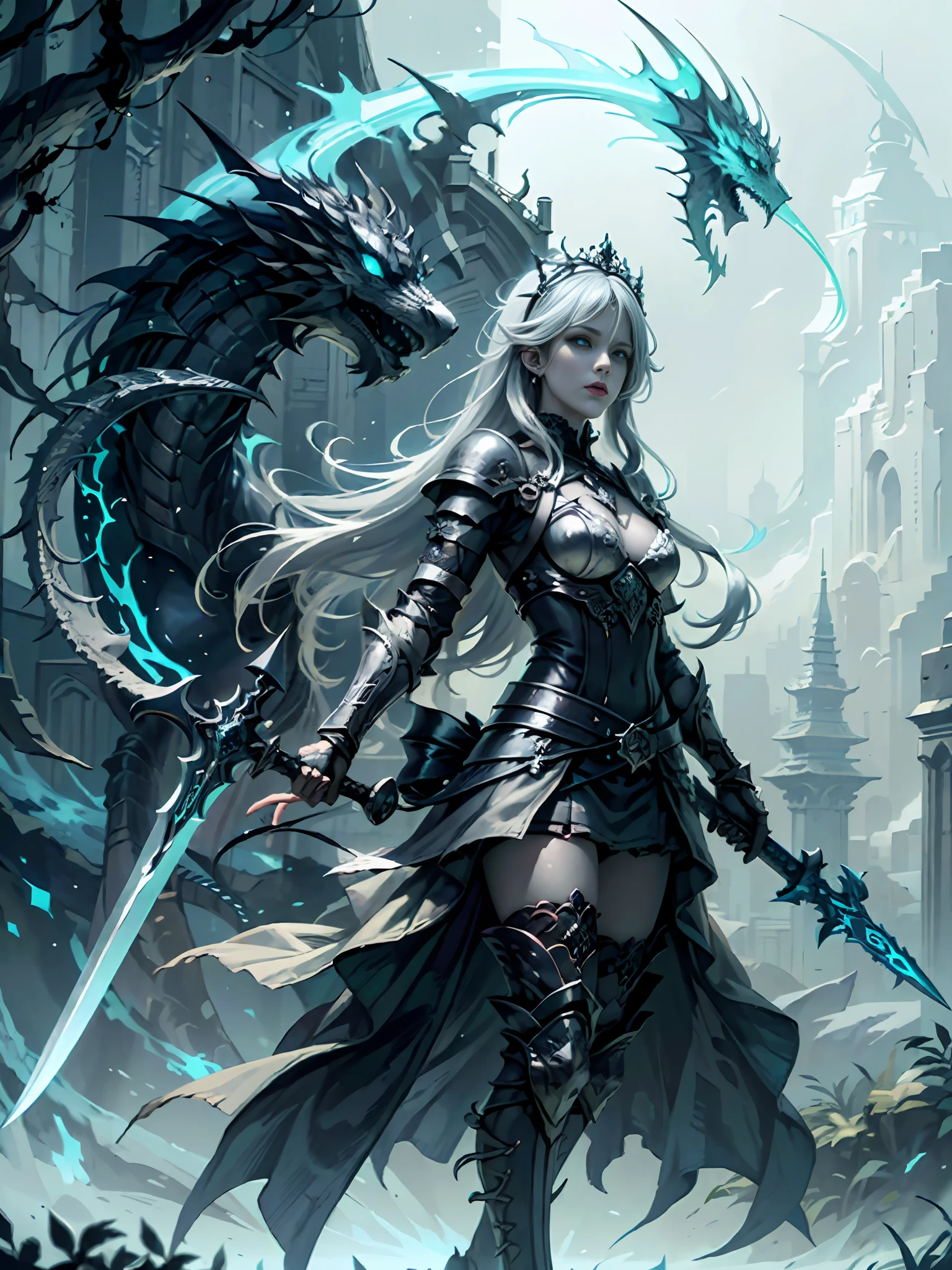 Male 1、Prince with long silver hair、Red glowing eyes and white skin、Wearing a dragon crown、The part of the black longsword blade that has is、Runes are engraved from the base to the tip of the blade、Glows pale and white、Wearing monotone black armor with decorations、Two moons, white and red, float in the background