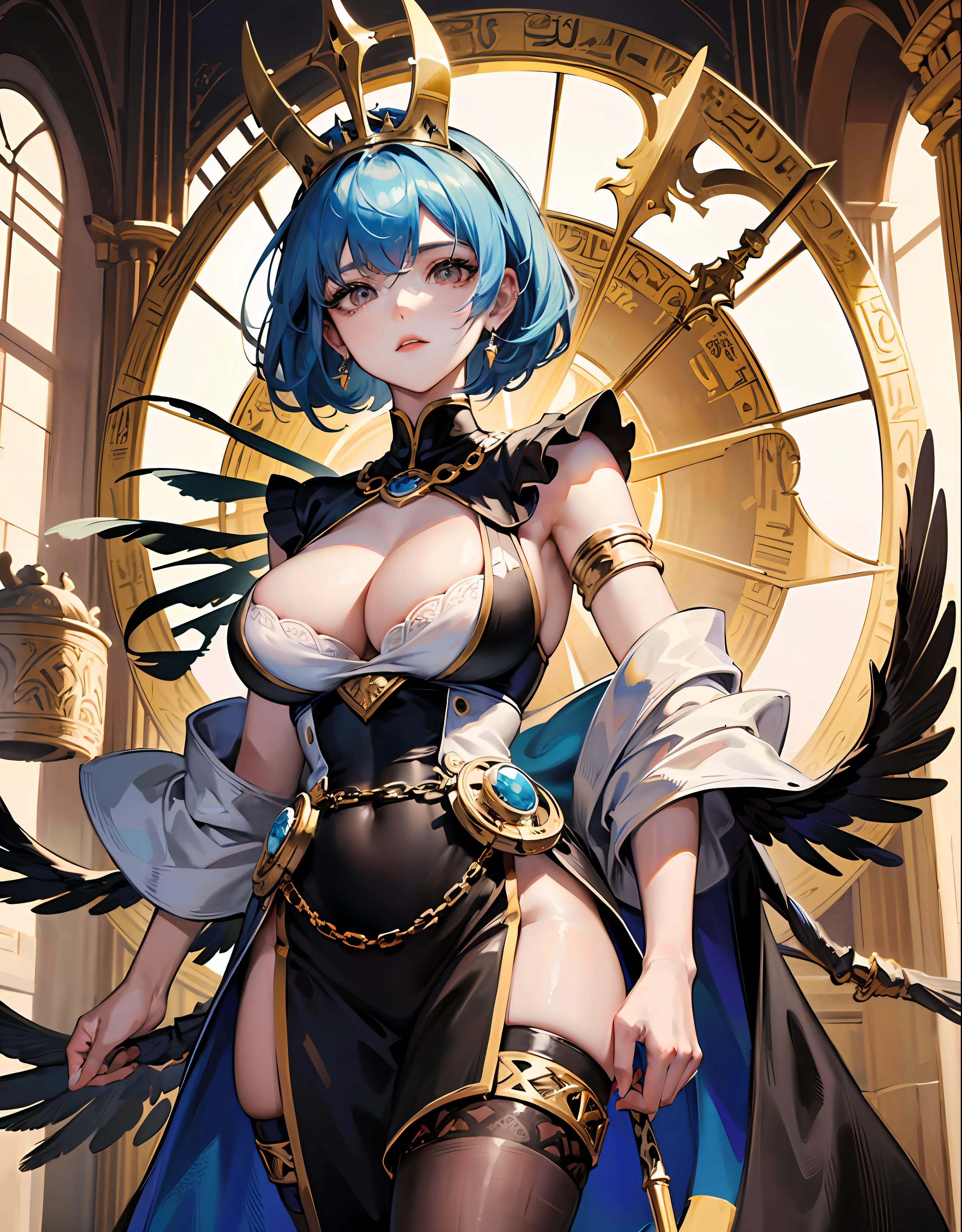 Horus,Egyptian gods,(God of vengeance,God of falcons),It was the patron saint of pharaohs in ancient Egyptian mythology,frown,A symbol of royal power,God of the sky,The god of fertility,(Short blue hair),The emblem of the Eye of Horus,(Super huge breasts,black silk stocking),Ruler of Egypt,Crown on head,Short linen skirt,Falcon tiara,walking stick,Perfect flesh full of texture,((best qulity)),(A masterpiece),((The Masterpiece)),Maximum Sharpness,illutstration,(Super detailed face),(Perfect face),Clear texture,Ultra HD detail display,Excellent image performance,High quality illustrations,Perfect fit to harmonious tones,Deep lines,Precise brushstrokes,Intricate details