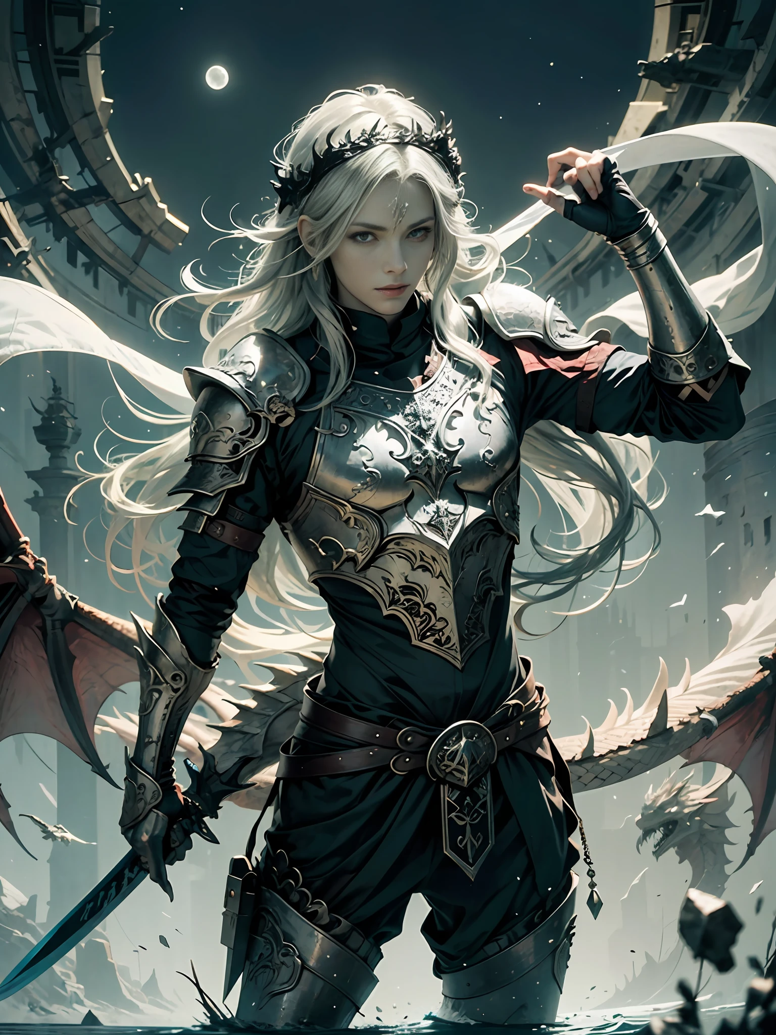 Male 1、Prince with long silver hair、Red glowing eyes and white skin、Wearing a dragon crown、The part of the black sword blade that has is、Runes are engraved from the base to the tip of the blade、Glows pale and white、Wearing monotone black armor with decorations、Two moons, white and red, float in the background