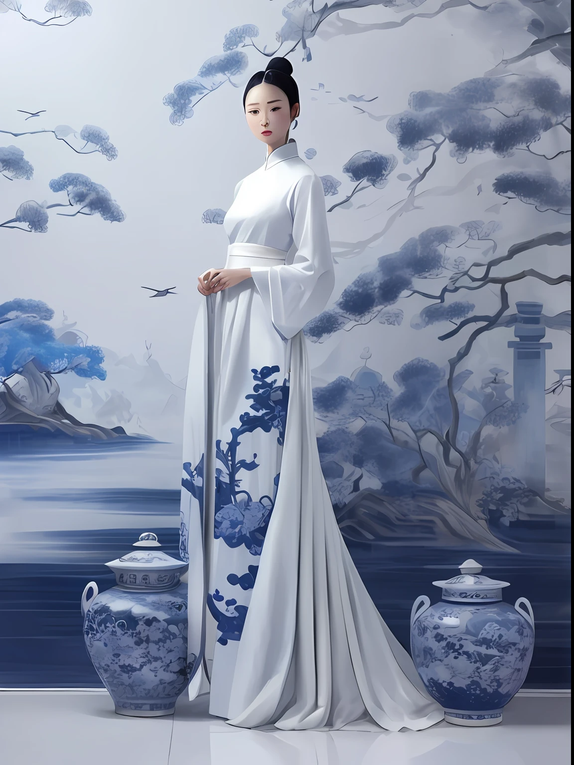 A woman in a white dress, White Hanfu, Chinese style, inspired by Guo Xi, with ancient chinese aesthetic, Traditional Chinese clothing, wearing a blue qipao dress, with acient chinese clothes, inspired by Tang Yifen, inspired by Emperor Huizong of Song, inspired by Luo Mu, white royal dress,large scene，Spatial structure，movie composition