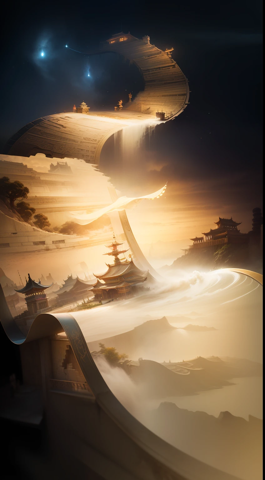 The scroll floated from the distant sky,The scrolls have ancient figures on them,The scroll has the architecture of Xi'an,cinematic silk road lanscape, exquisite matte painting, 3 d render and matte painting, chinese fantasy,Flowing reels --auto