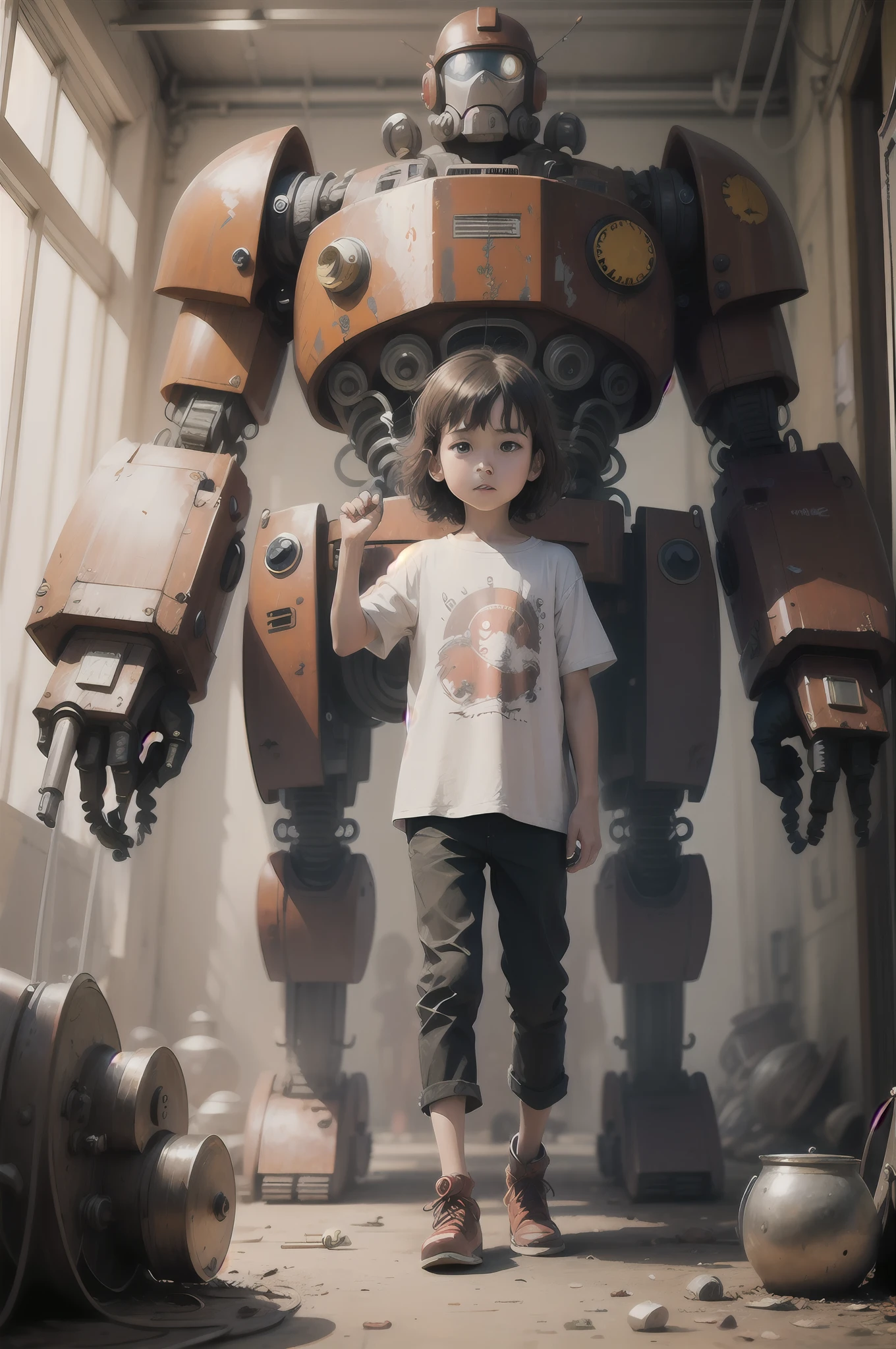 A is polishing a rusted vintage mecha