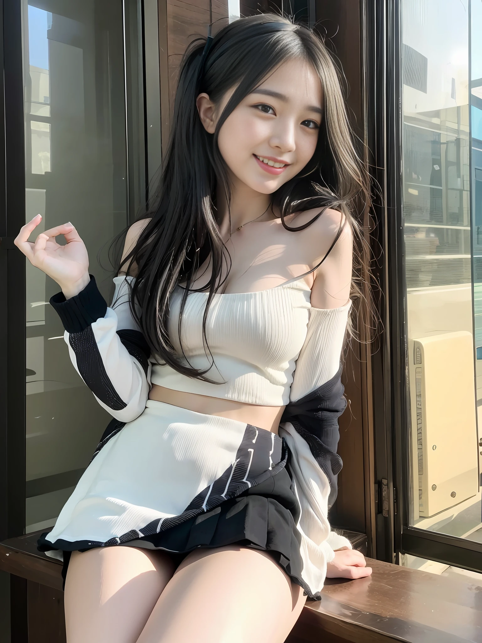 The Masterpiece、best qualiy、offical art、Highly detailed CG unity 8K wallpapers、Like a schoolgirl、Very delicate beautiful、ultra-highresolution、（photorealestic：1.4）、Golden Hour Lighting、（Upper bust）、（Platinum Shorthair：0.8）、（Puffy eyes）、looking at the viewers、Facing the front、Laughing、JK Skirt、White dress、Black stockings、Shirt Lift Long Black Hair、（貧乳1：3）、Seductive open lip、Erotic lips、