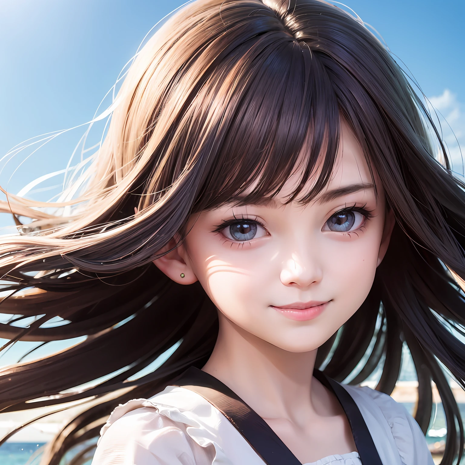 Realistic style 4K ultra clear details neat facial features cherry small mouth girl purple hair golden pupils summer short sleeves wind smile front warm color seaside real person --auto