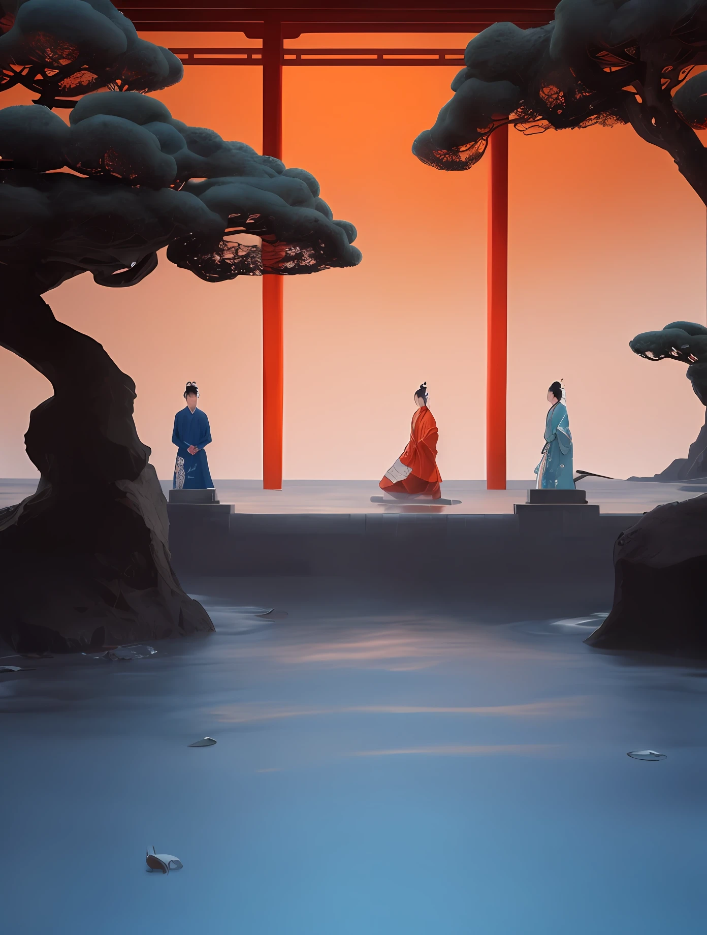 Painting of 2 people dressed in traditional Chinese costumes walking through a waterway, Chinese architecture,aqua,inverted image,Reddish blue,A tree,The picture is neat,The Masterpiece,best qulity,illustration,Planarization,8K,blue waters,orange gradient,Part of the building,chic,Zen,rains,Delicate,raindrops,Large areas of white space,detail,Delicate tree,Chinese style buildings,raindrops,rains,