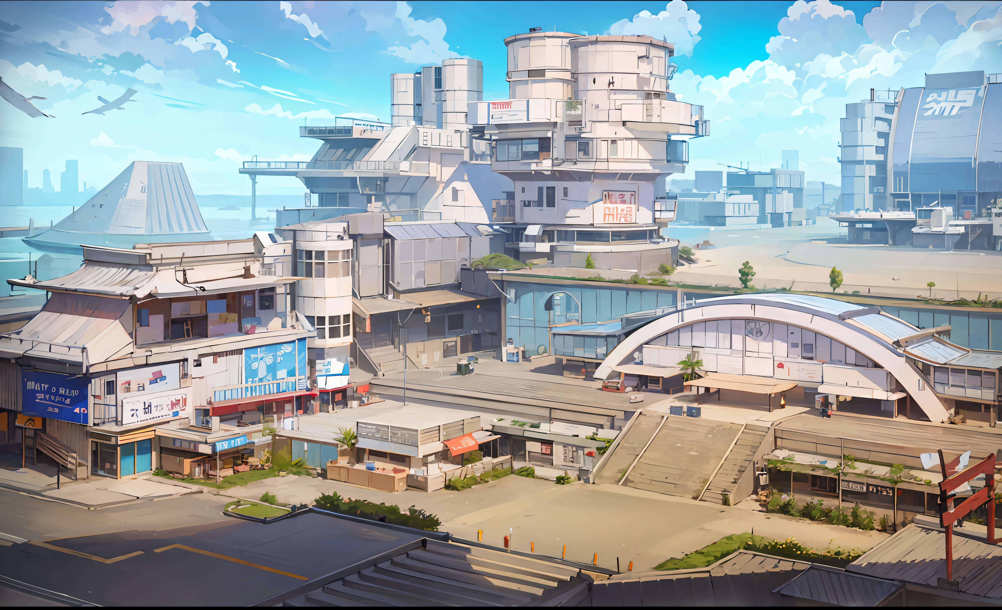 （Japanese townscape），（hayao miyazaki style），Cartoons，roads，Corners，small houses，The tree，pole，white cloud，Calm scenery，out door，Trees，Epic composition，photorealistic lighting，high-definition details，The Masterpiece，best qulity，Very detailed CG unified 8k wallpaper，Passia Gemstones，urban area，ModernArchitecture，sun glasses，juice box，vast blue sky，Clouds