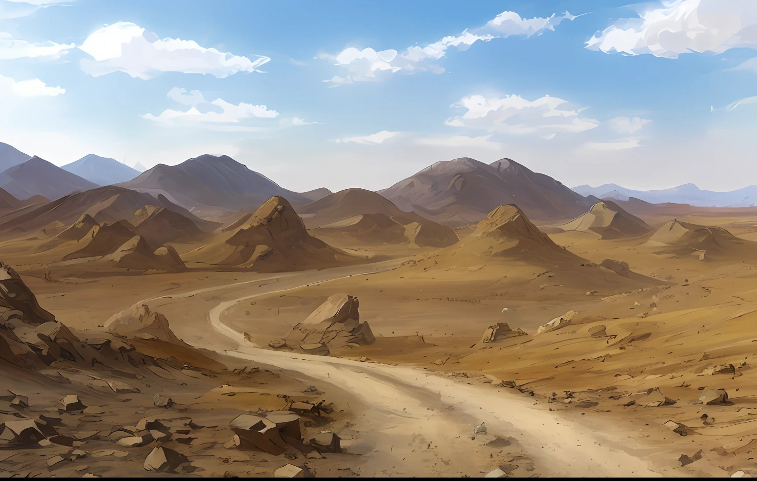 Dirt roads in the desert,The background is mountains, cinematic silk road lanscape, vast landscape, Desert landscape, wandering the desert landscape, digital painting highly detailed, oil paint concept art, highly detailed digital painting, artwork about a road to freedom, very detailed digital painting, epic landscape, author:Alexander Giemsky, rocky desert, matte digital painting