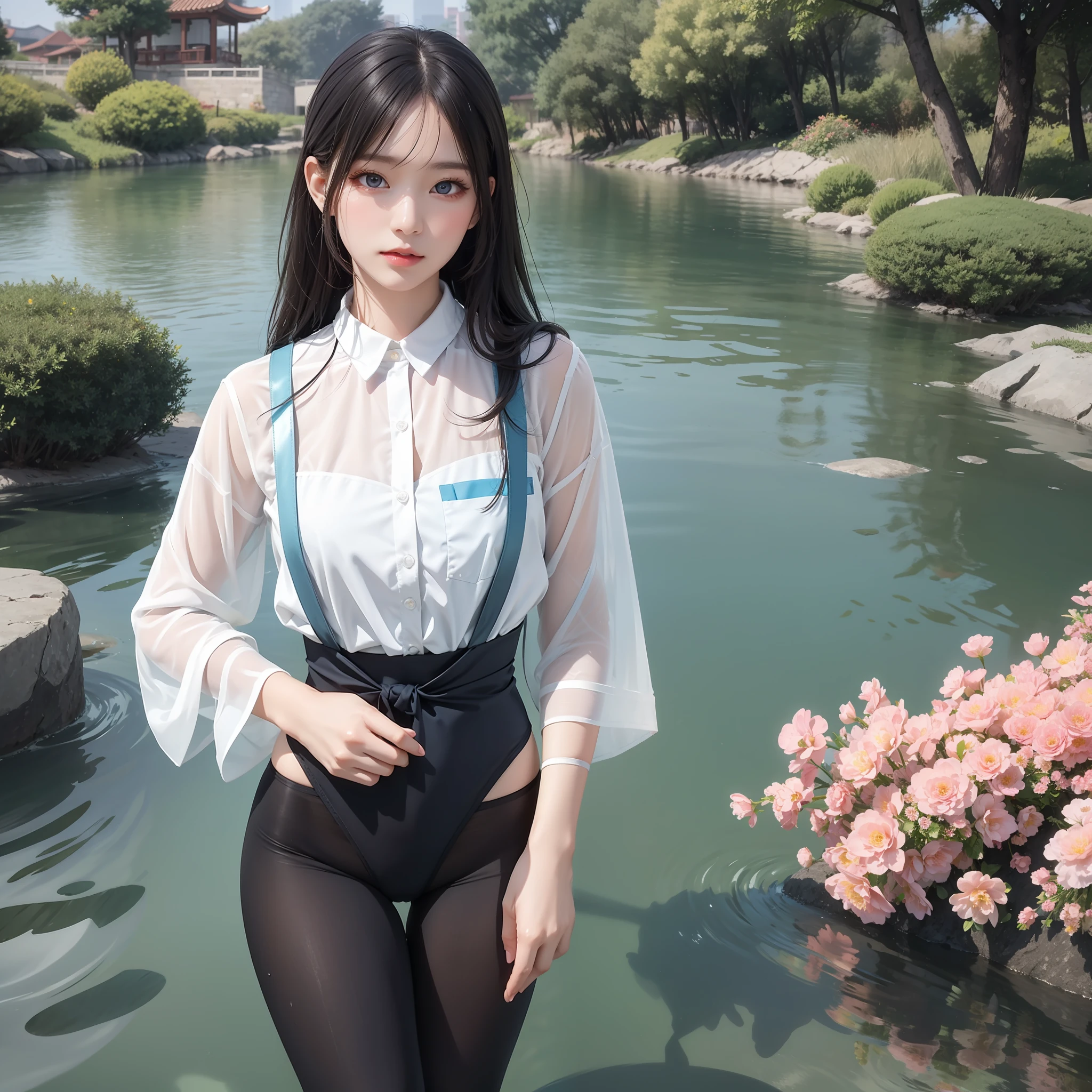 Sparkling lake,Trees overgrow,A hundred flowers argue。
Beautiful girl,Flowing hair and crystal clear lake water,untidy,Flowing,melt,Water mist effect,Elegant blue gradient,intricated,octane rendered,Depth。Graceful,Graceful,Small man's waist,Vest line,Long legs。
Fitted with a suspender pocket,Colorful swimming trunks,Sexy tights。
Detailed eyes,Starry eyes,shiny glistening eyes,incredible detail,Extreme close-up,The ultra-Realistically,muted colors,Baohe style painting,Transparent fragments,air bubbles,Flowing beads,Everything melts and flows,Fractal,8K