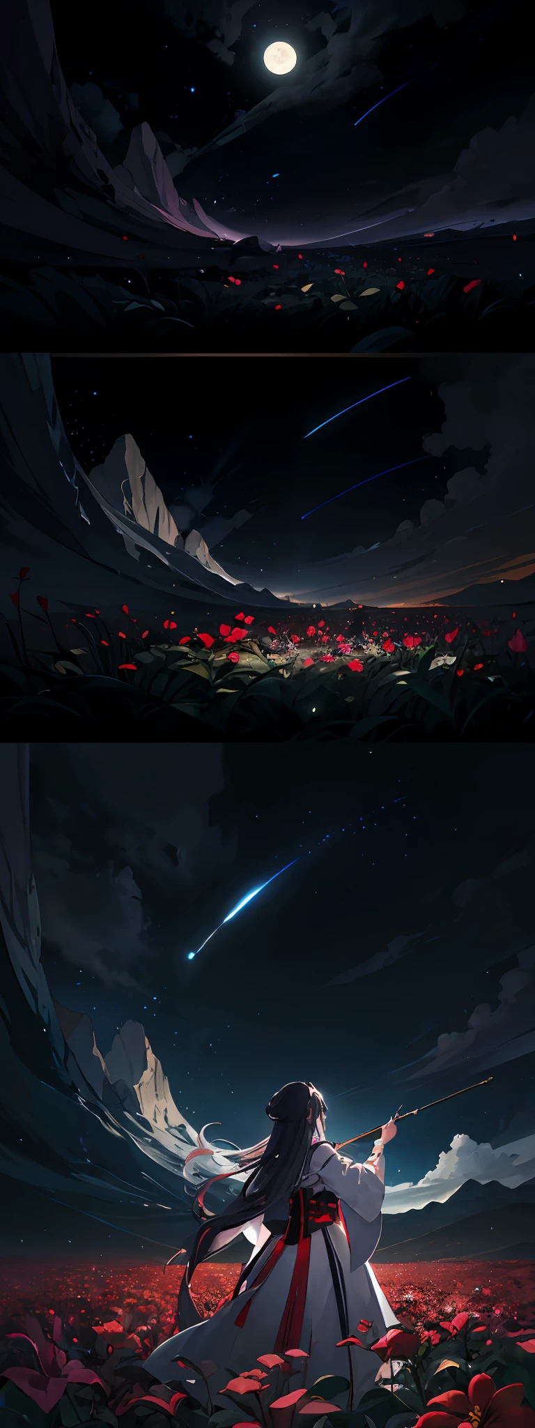 Expansive landscape photograph,(pov from below,Above is the sky,Below are open fields),A girl standing on a flower field looking up,White long hair,red color Hanfu,(full moon:1.2),(shooting stars:0.9),(nebulas:1.3),distant mountain, Tree BREAK making art,(Warm light source:1.2),(fireflys:1.2),lamps,Lots of purple and orange,complicated detail,Volumetric lighting BREAK(The Masterpiece:1.2),(best qulity),4k,hyper detailed,(Dynamic composition:1.4),well detailed,rich color,(iridescent colors:1.2),(glowing with,Atmospheric lighting),dreamlike,magical,(独奏:1.2)