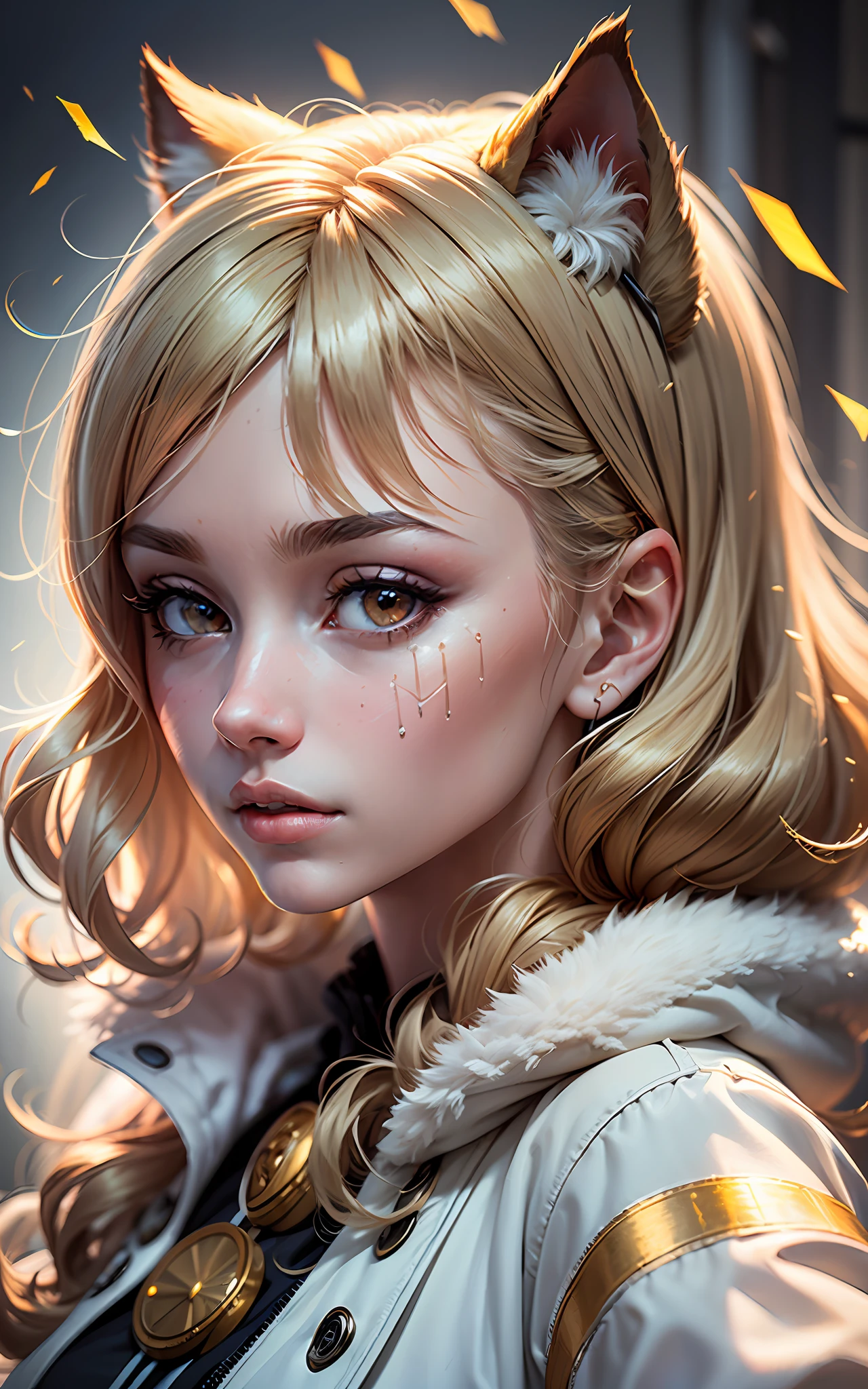 (award winning 64k concept art:1.3) of (young woman:1.2), fluffy, in fluffy white coat, sweet, front, epic, god rays, (portrait:1.2), (masterpiece:1.2), (best quality:1.3), Amazing, highly detailed, beautiful, finely detailed, warm soft color grading, (Depth of field:1.4), extremely detailed 64k, fine art, stunning, (light reflections:1), (crisp:1.6), gold short curls, winter, vibrant, sunlit, (edge detection:1.4), absurdres, impressive, 120mm, extremely clear, lens flare, motion lines