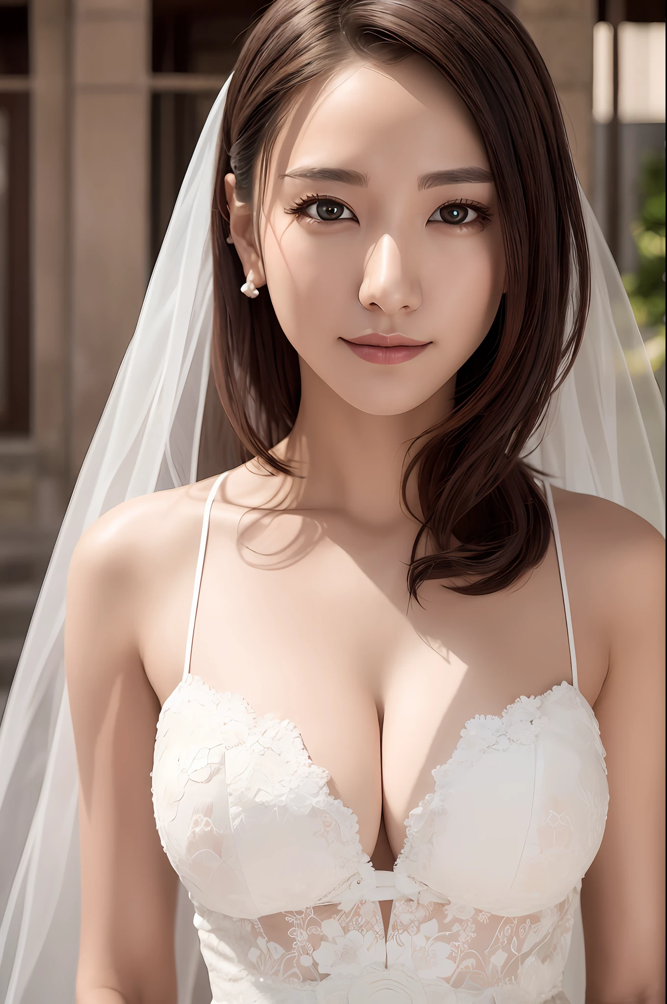 (4k,  best quality, highres:1.2), (realistic, photo-realistic:1.37),  Momo Girls, 1girl, solo, pale skin,   beautiful face,  detailed face, breasts,  cleavage, white wedding dress, white bridal veil,   (looking forward:1.3),  white lace trim,
(cute:1.3),  detailed eyes, heart-shaped lips,    breasts, narrow waist, heart-shaped_lips,  blush, [eye shadow],  [cherry, (smile:0.5),
perfect body, parted lips, realistic light, realistic shadow,  beach,  alluring, big innocent  eyes,  [blurry background], eye  focus,  [depth of field], professional lighting, photon mapping, radiosity, physically-based rendering,High Detail,  masterpiece,