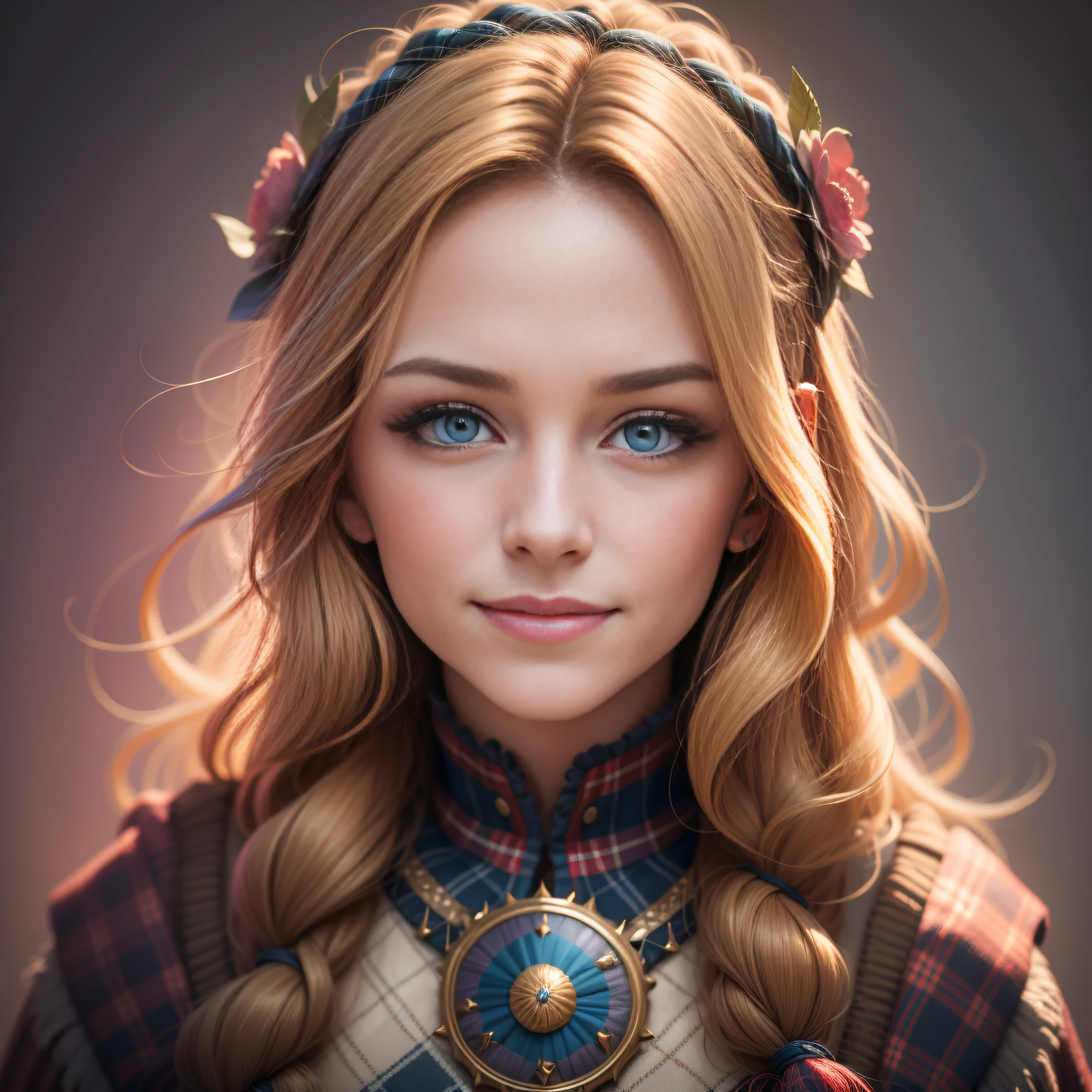 Scotland traditional dancer, portrait of a photorealistic incredibily beautiful happy woman, 20 yr, half smiling, staring at camera in front, intense coloration fantasy, light hair, a stunning realistic photograph 20 years , random hair, random color eyes, luminism, Bar lighting,
