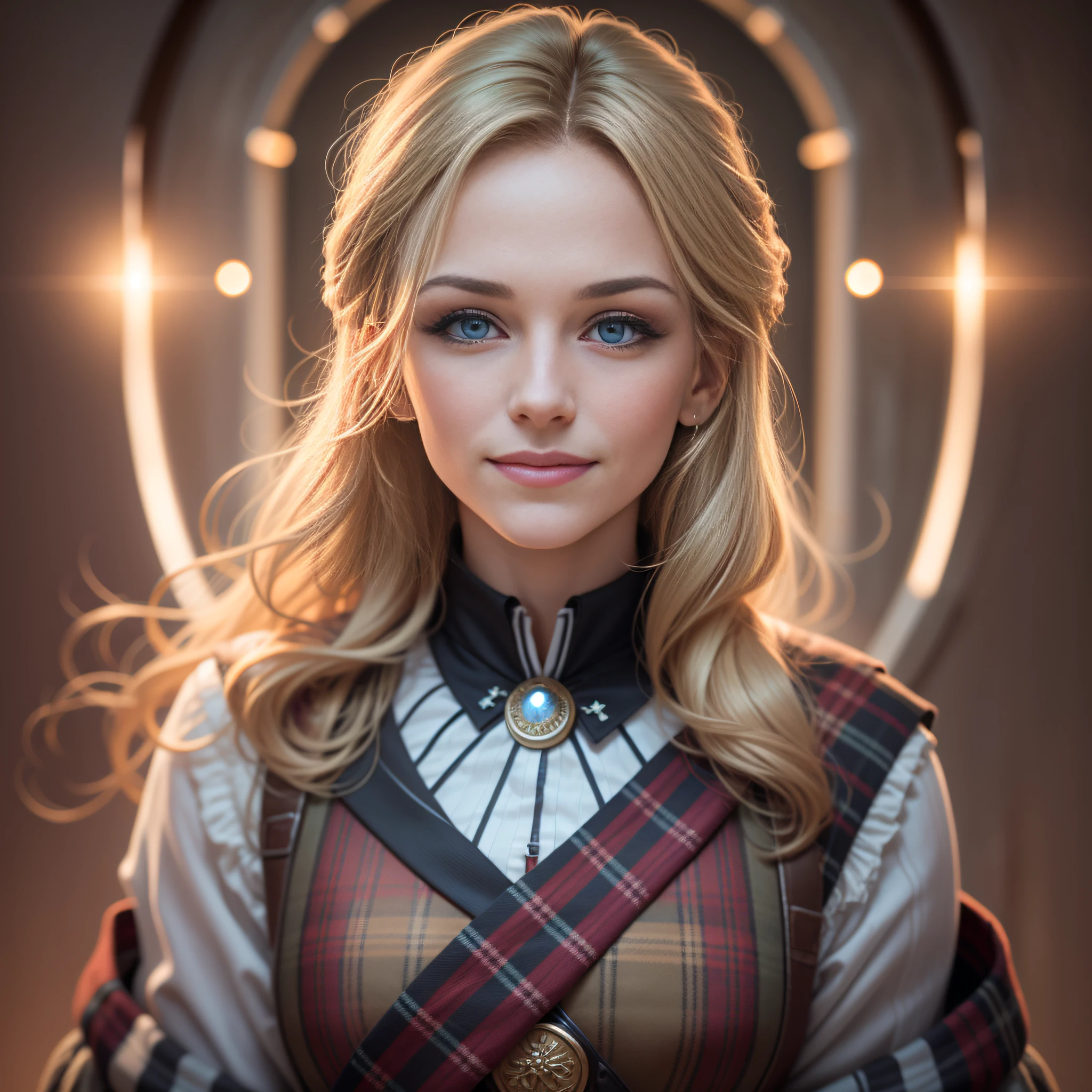 Scotland traditional dancer, portrait of a photorealistic incredibily beautiful happy woman, 20 yr, half smiling, staring at camera in front, intense coloration fantasy, light hair, a stunning realistic photograph 20 years , random hair, random color eyes, luminism, Bar lighting,