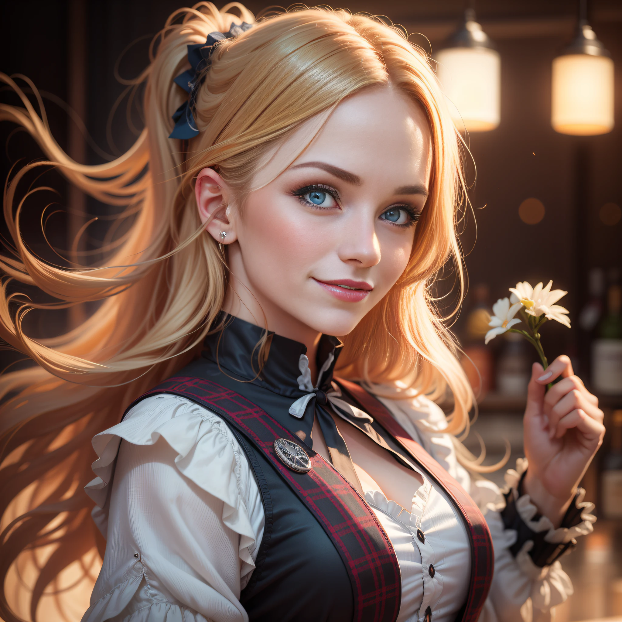 Scotland traditional dancer, portrait of a photorealistic incredibily beautiful happy woman, 20 yr, half smiling, staring at camera in front, intense coloration fantasy, light hair, a stunning realistic photograph 20 years , random hair, random color eyes, luminism, Bar lighting,