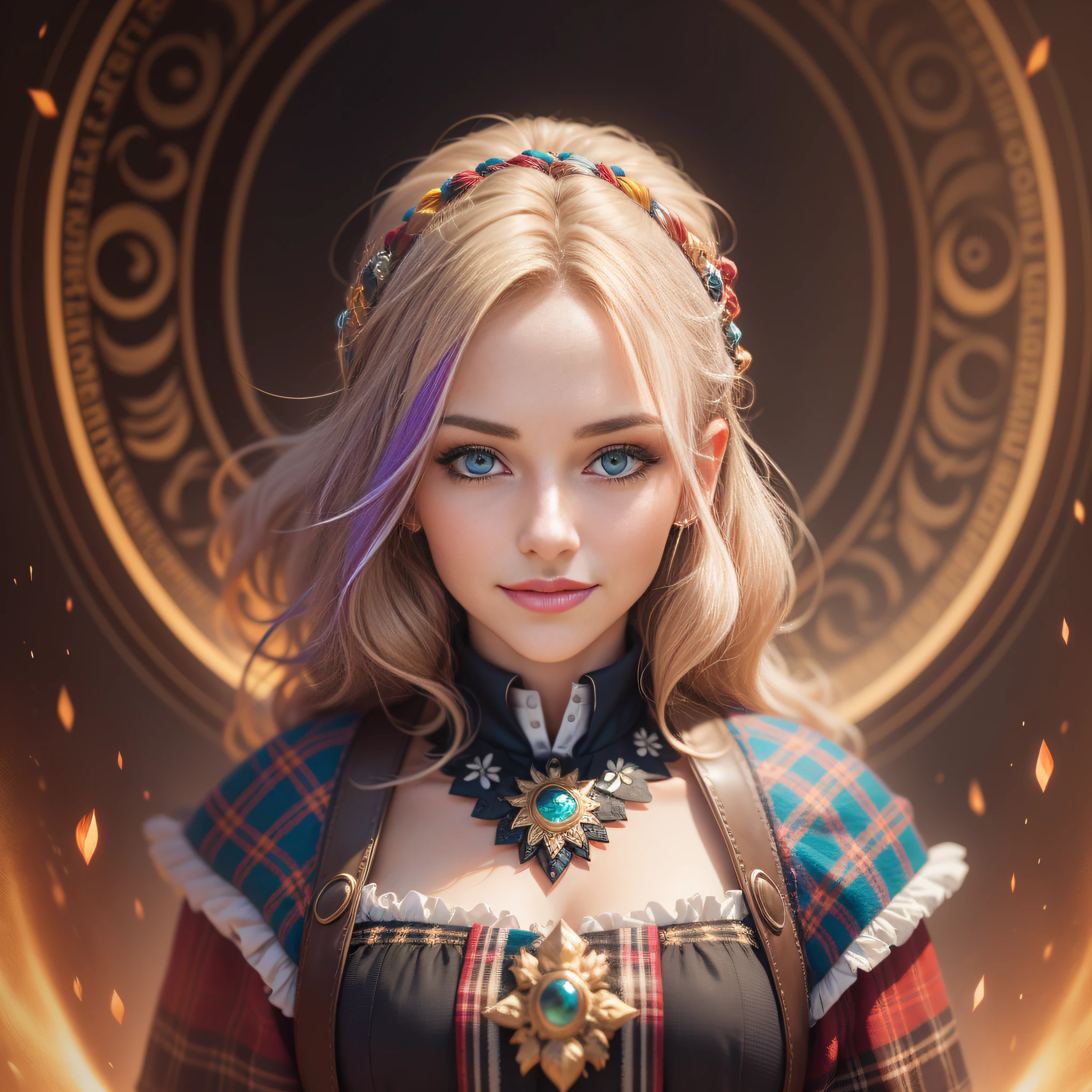 Scotland traditional dancer, portrait of a photorealistic incredibily beautiful happy woman, 20 yr, half smiling, staring at camera in front, intense coloration fantasy, light hair, a stunning realistic photograph 20 years , random hair, random color eyes, luminism, Bar lighting,