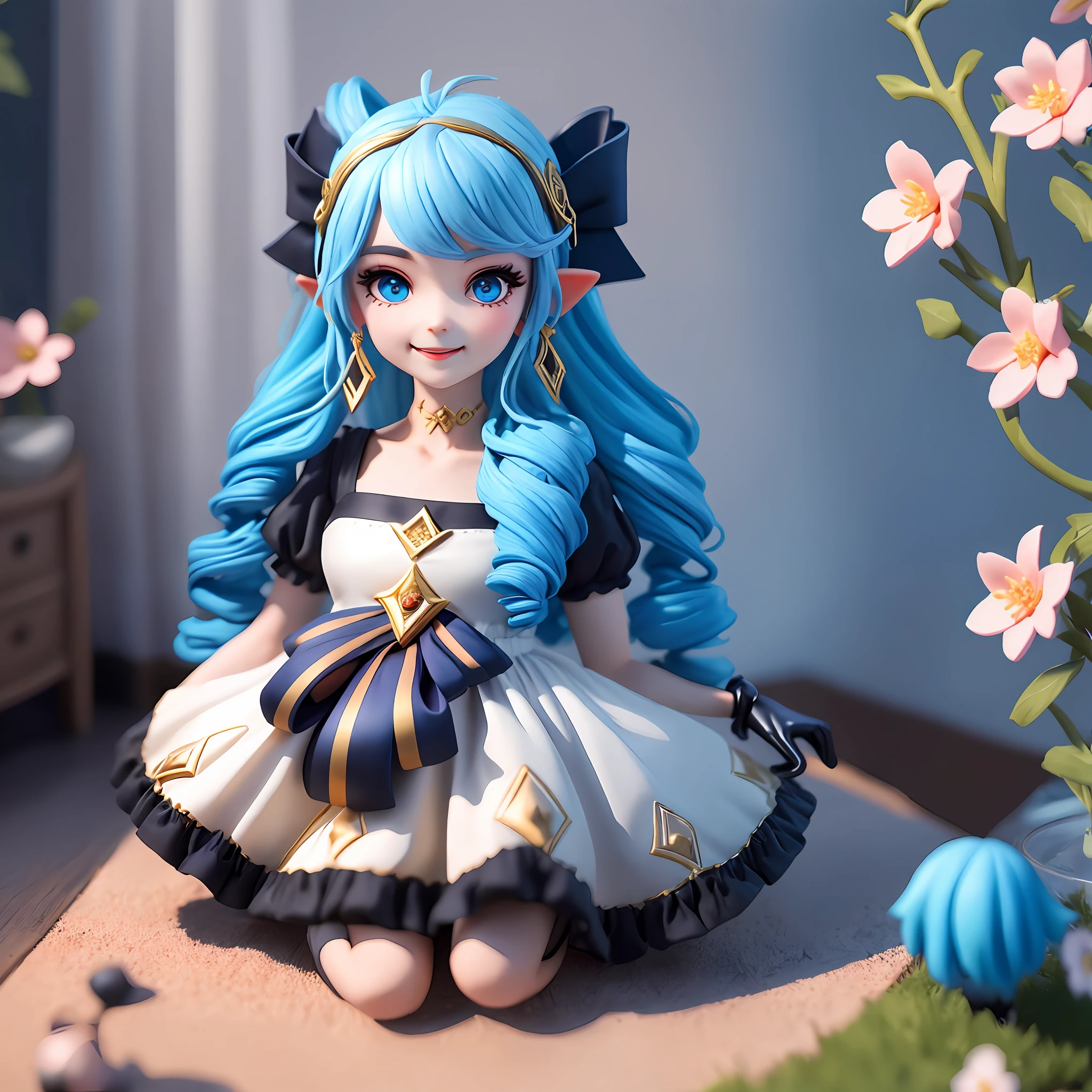 （1girls），Single person, Black bow, Black gloves, black legwear, Blue eyes, Blue hair, clarkbone,Spiral braids， dress, Drill hair, Frilled dress, frils, mitts, Gwen\(league of legend), hair accessory，high - resolution，League legendary，slong hair，Split lips，puff sleeves，Pink pupils，smiled，独奏，White dress，x，x hair accessories，Lying down，Sit，inside room，semi naked，Delicate hair，Arm carving，Blue hair，blossoms，Delicate shoes，Depiction of facial features，Delicate facial features，Eye portrayal，Delicate hair，Popmart blind box，Clay texture，the golden ratio，Black and white background，natural day light，the best qualityt，ultra-details，3D art，C4D, OC renderer, 3d rendered, 8K，Various actions，Blushlush，Q version，gnome，Round toot