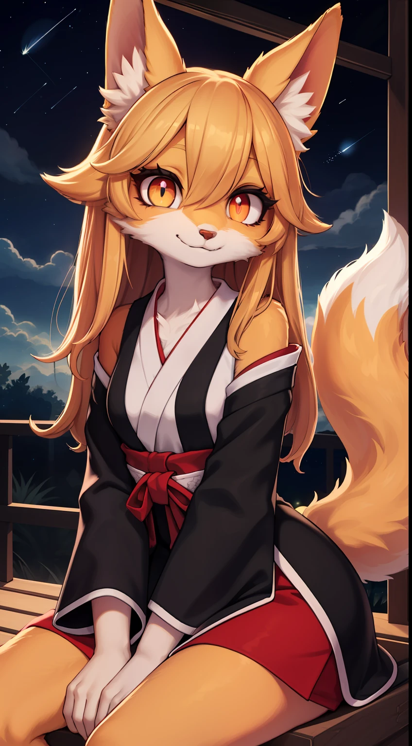 The art of Dagasi,girl fox,Longhaire,shaggy,Golden fur,Golden yellow face fur,Long blonde hair,Eyes have light,Red eyes,Super cute face,Brown elements on fur,miko,Beautiful lights and shadows,Ambient light,Ultra-fine fur,Volumetric light,Night,Clouds and stars in the sky,The sky outside is starry ,shooting stars,natural day light,smiled,Fluffy tail,Color Contact Lenses , Bright pupils,Dilated pupils,glowing eyes,amber eyes