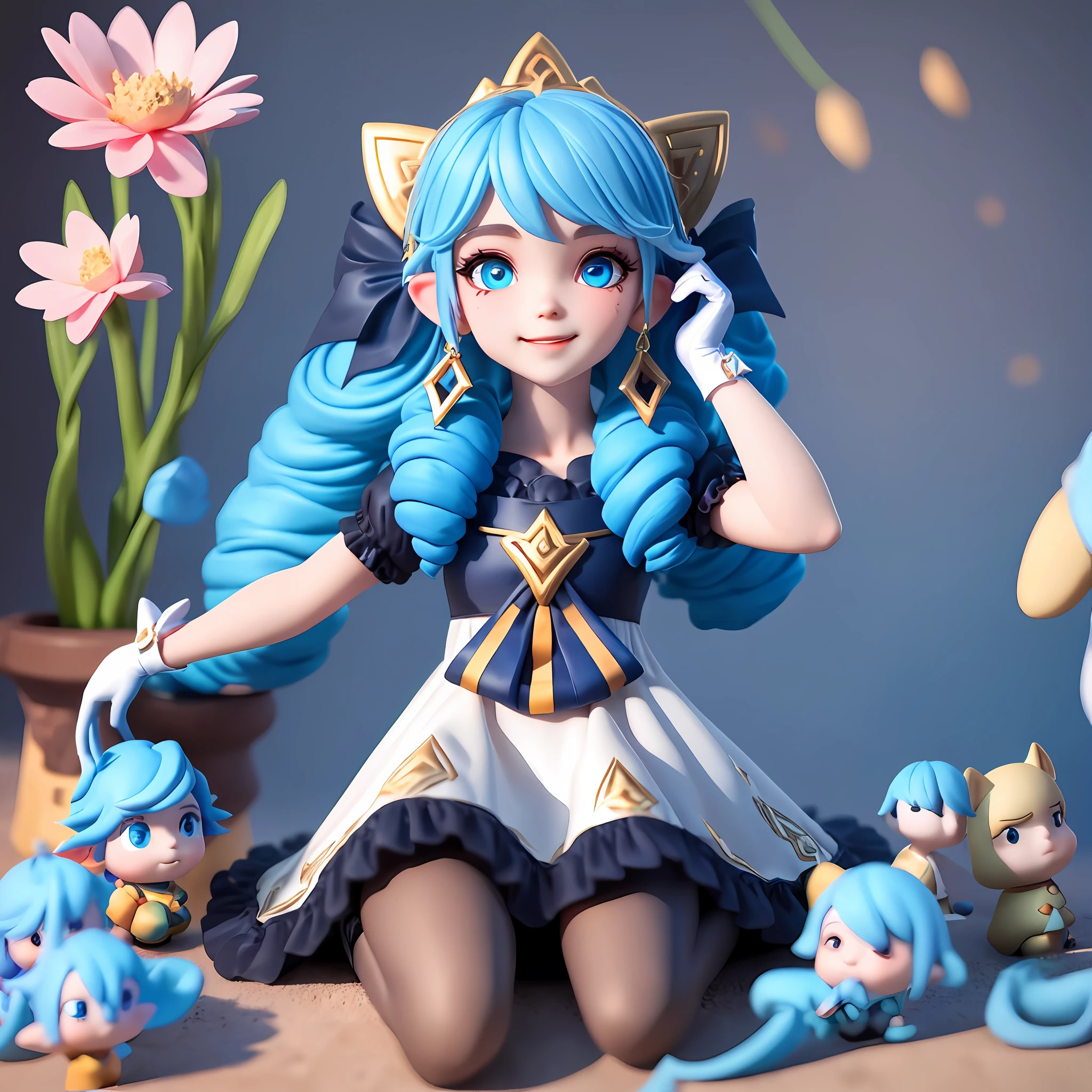 （1girls），Single person, Black bow, Black gloves, black legwear, Blue eyes, Blue hair, clarkbone,Spiral braids， dress, Drill hair, Frilled dress, frils, mitts, Gwen\(league of legend), hair accessory，high - resolution，League legendary，slong hair，Split lips，puff sleeves，Pink pupils，smiled，独奏，White dress，x，x hair accessories，Lying down，Sit，inside room，semi naked，Delicate hair，Arm carving，Blue hair，blossoms，Delicate shoes，Depiction of facial features，Delicate facial features，Eye portrayal，Delicate hair，Popmart blind box，Clay texture，the golden ratio，Black and white background，natural day light，the best qualityt，ultra-details，3D art，C4D, OC renderer, 3d rendered, 8K，Various actions，Blushlush，Q version，gnome，Round toot