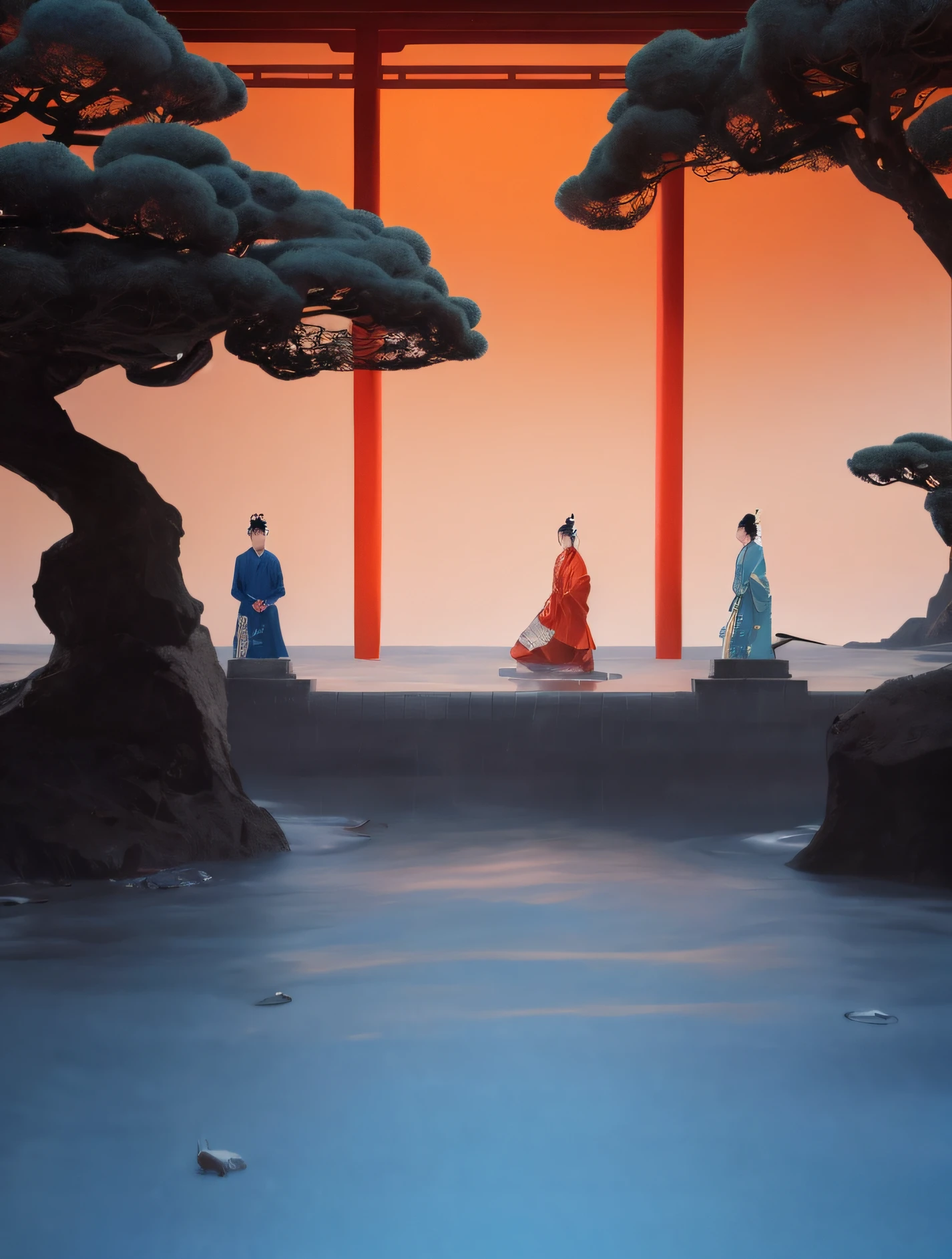 Painting of 2 people dressed in traditional Chinese costumes walking through a waterway, Chinese architecture,aqua,inverted image,Reddish blue,A tree,The picture is neat,The Masterpiece,best qulity,illustration,Planarization,8K,blue waters,orange gradient,Part of the building,chic,Zen,rains,Delicate,raindrops,Large areas of white space,detail,Delicate tree,Chinese style buildings,raindrops,rains,