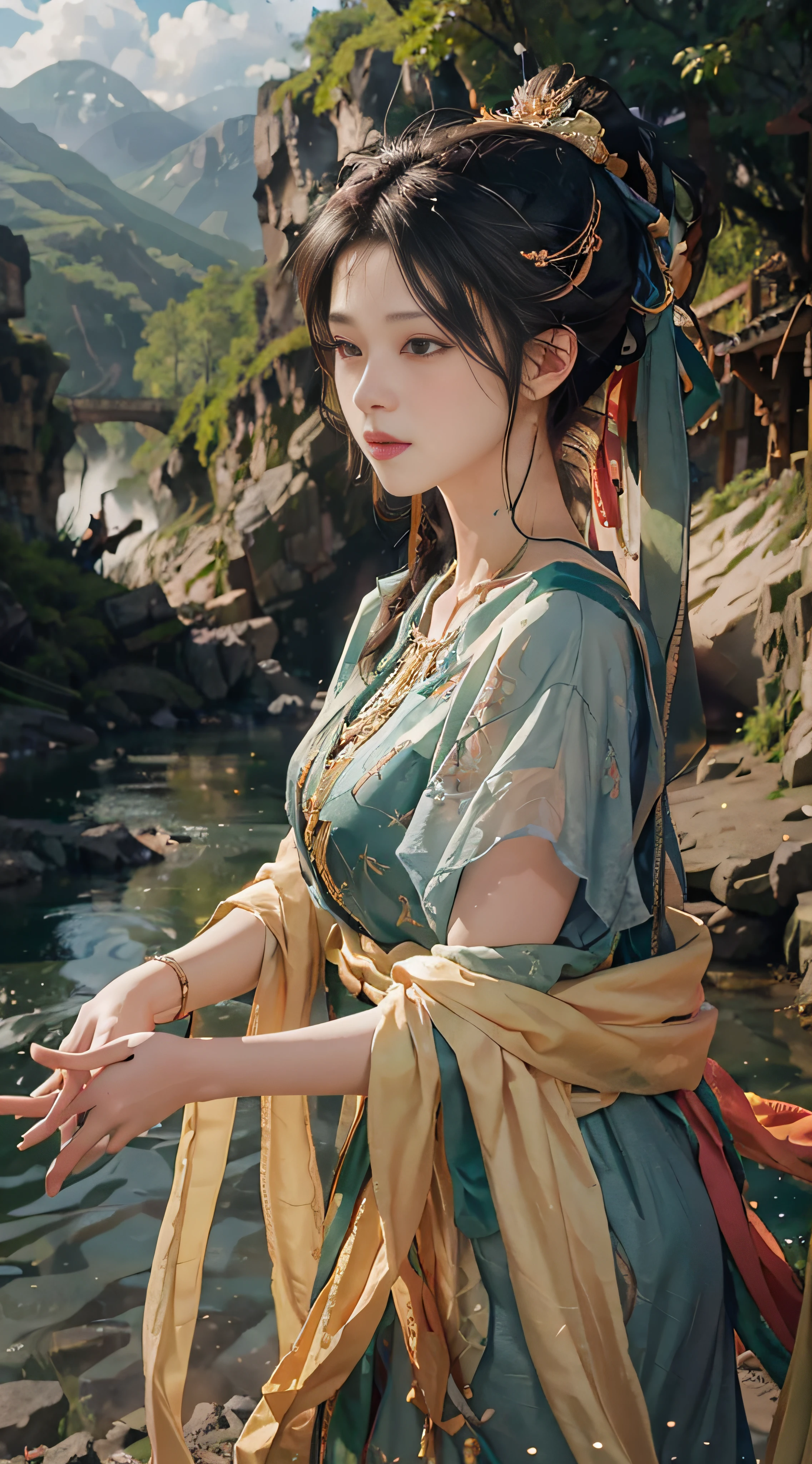 Lakes and rivers, waterfalls flying water, beautiful green mountains, no trace, excellent scenery, already awarded photography competition, background bokeh, full depth of field, HDR high dynamics, real restoration, intricate and extreme details,