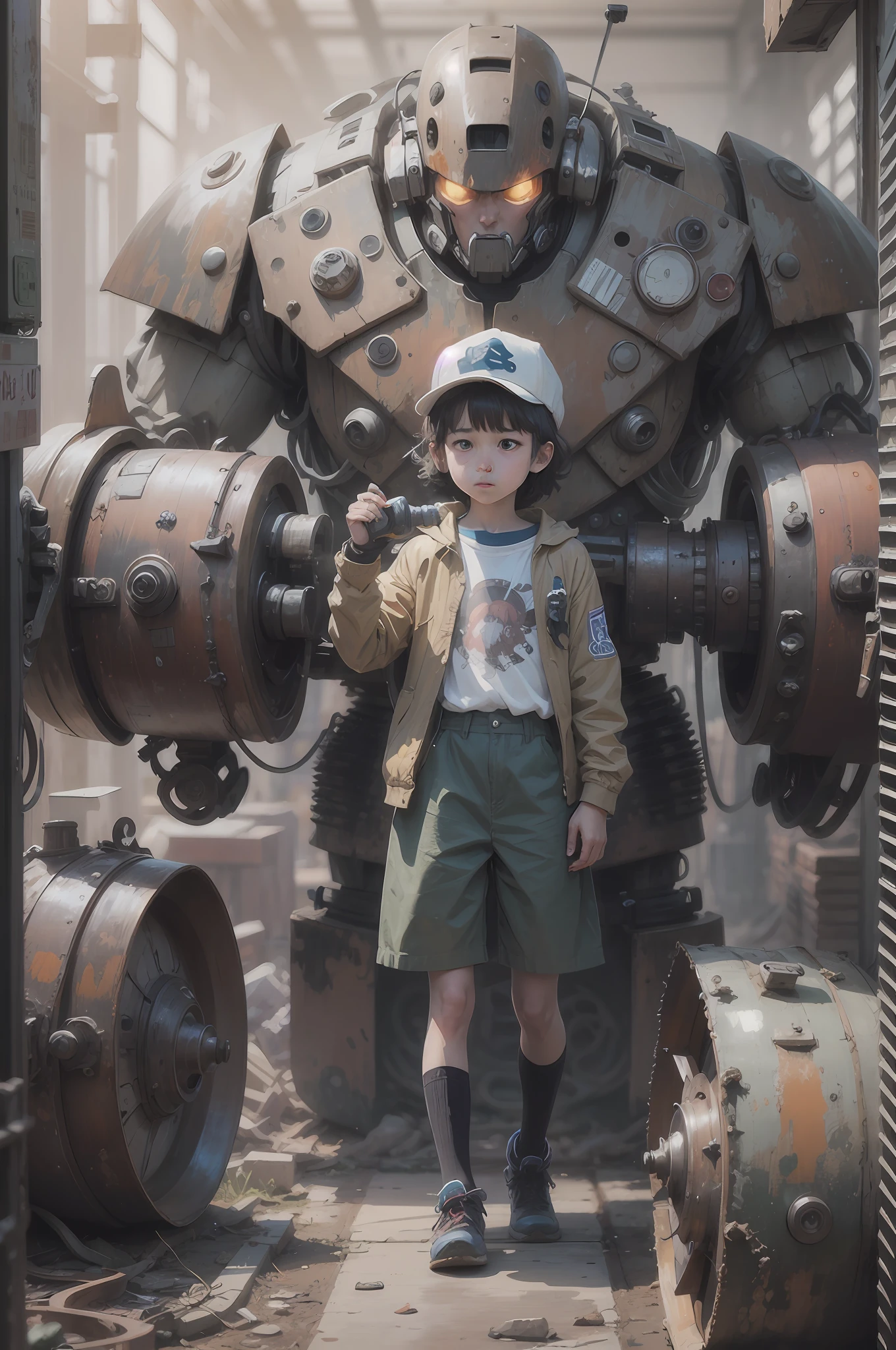 A child is polishing a rusted vintage mecha