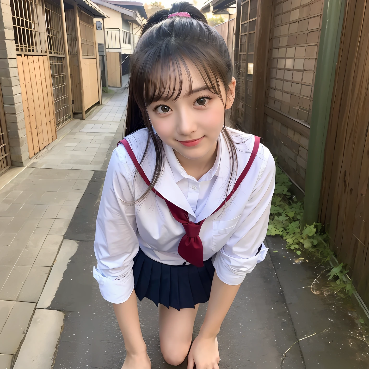 1girl,8k, RAW photo, best quality, masterpiece, realistic, photorealistic, smile, schoolgirl uniform, cute,tokyo street, cityscape, upper body,squatting --auto