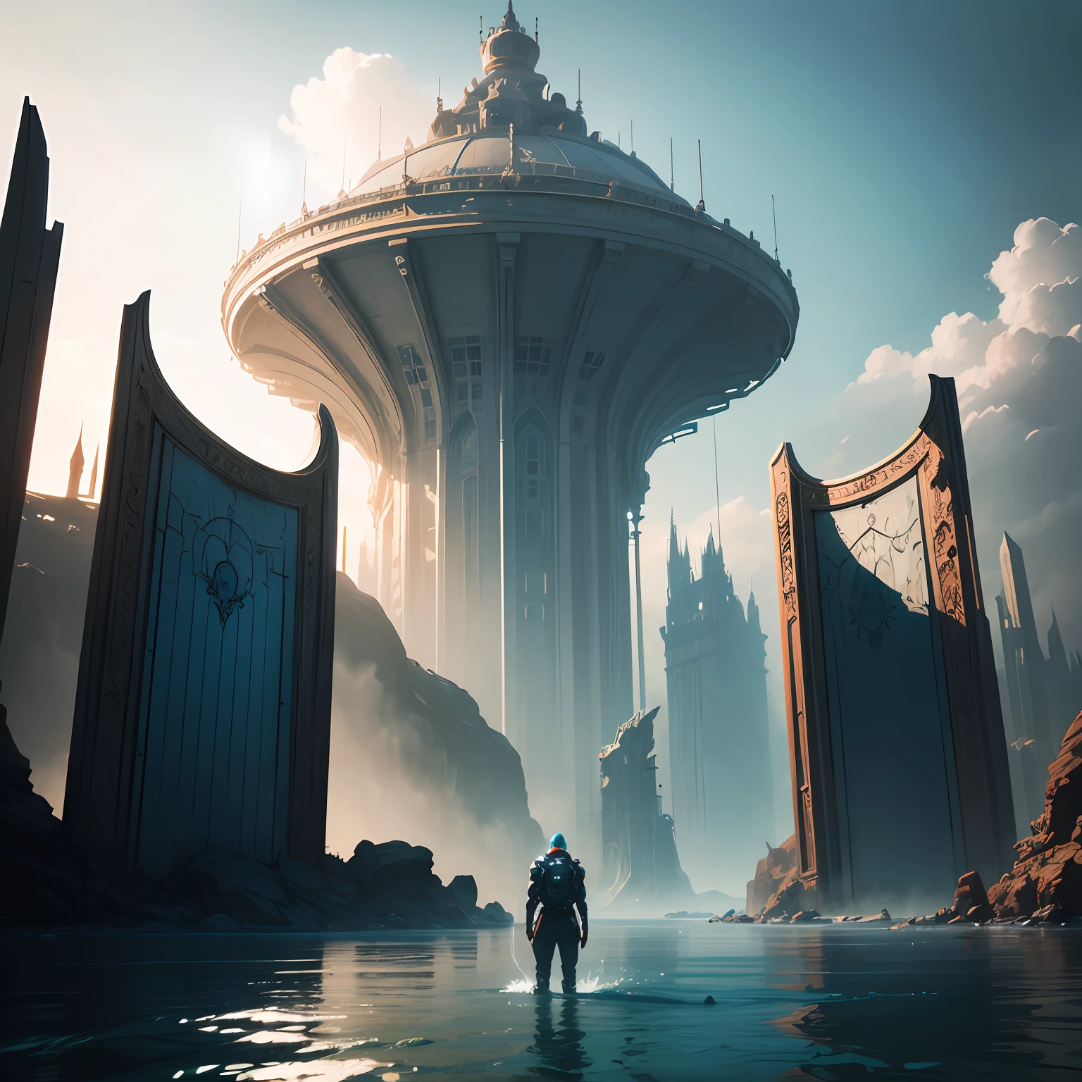 On the calm sea under the blue sky and white clouds, three huge doors stand in the water, the doors are shining, and the edges are outlined with light. Smooth digital concept art, sci-fi style digital painting, digital concept art, dramatic lighting. Concept art, science fiction digital painting, science fiction digital art, concept art rich in emotions, will be depicted as science fiction scenes --auto