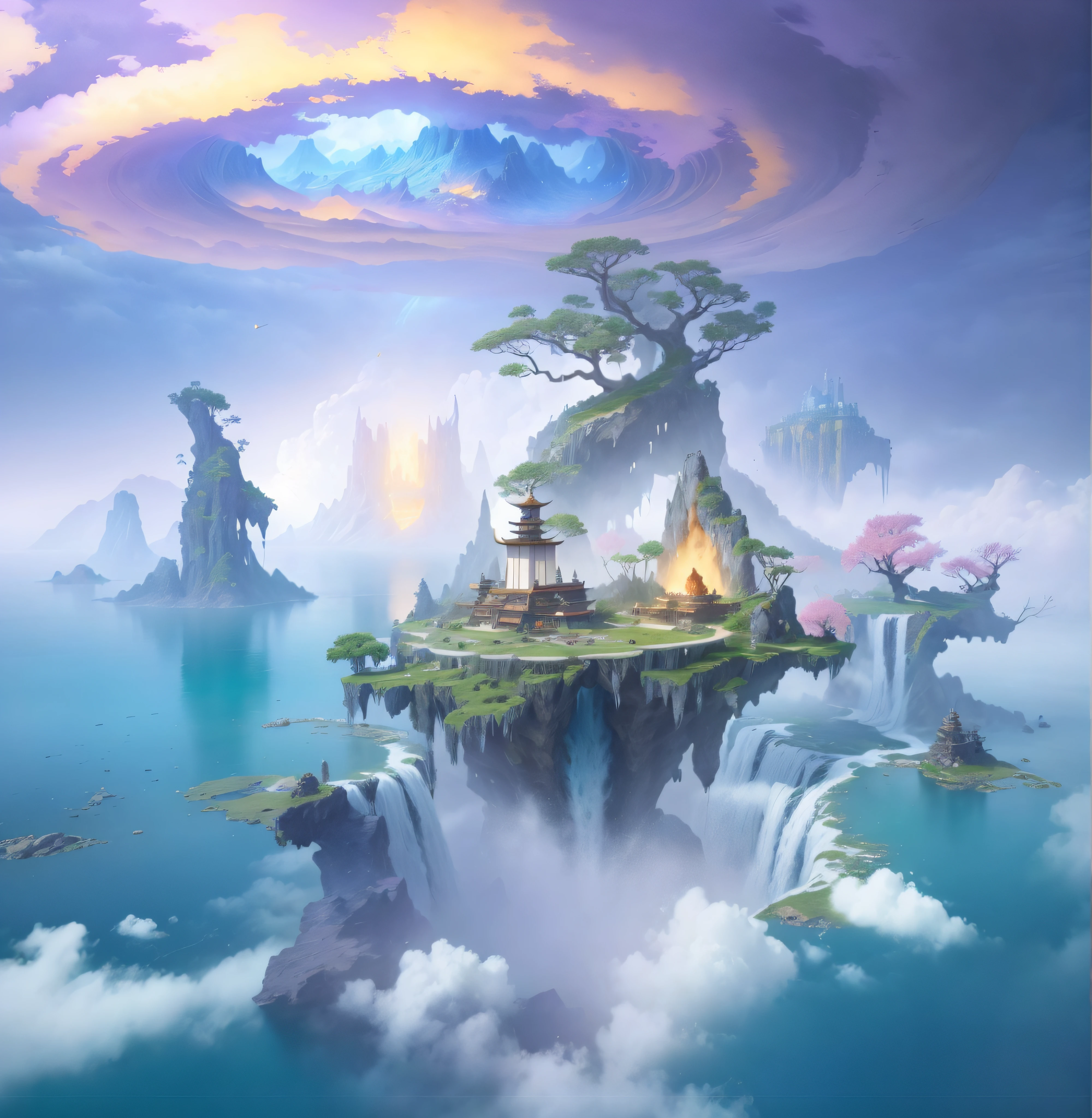 A dragon as huge as a mountain,The figure is visible in the clouds,Senzan Island,(Pavilions in mid-empty clouds),((cloudy day)),roaring,Fierce,((Chinese mythology)),high qulity,ultra fine,detailed work,(16K resolution),Cinematic Lights,Dynamic viewing angle 117/2000 with waterfalls and waterfalls in the middle, fantasy world concept, key art, rossdraws global illumination, 4 k hd illustrative wallpaper, digital 2d fantasy art, Unreal Engine fantasy art, epic dreamlike fantasy landscape, 4k highly detailed digital art, 2. 5 D CGI anime fantasy artwork, Official Splash Art, Detailed fantasy digital art epic composition, photorealistic lighting, high-definition details, The Masterpiece, best qulity, (Very detailed CG unity 8k wallpaper), Clay texture, Clean background, natural day light, best qulity, ultra-details, 3D art, c4d, OC renderer, 3Drender, 8k