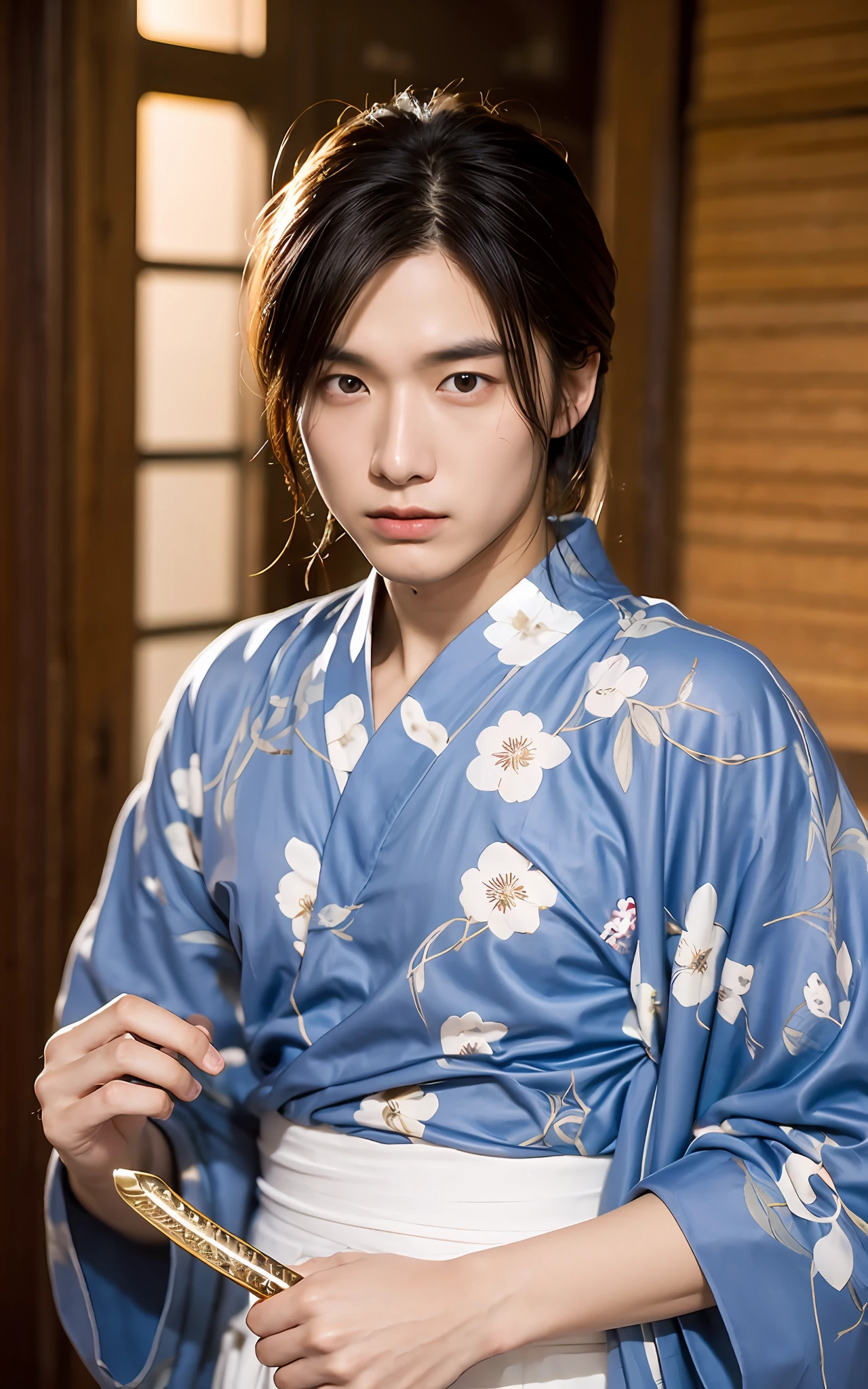 (photorealestic:1.2、best qualiy、in 8K)、(um homem、Serve)、The man is a 20-year-old black-haired Ukrainian、Soji Okita、actor、Waist sword、White and blue yukata、muscled、out door、(sweats:1.2)、finely detailed skin、(Cinematographic lighting)、suntan、Soft Light、Double eyelidd、(Seductive)、((agitation))
