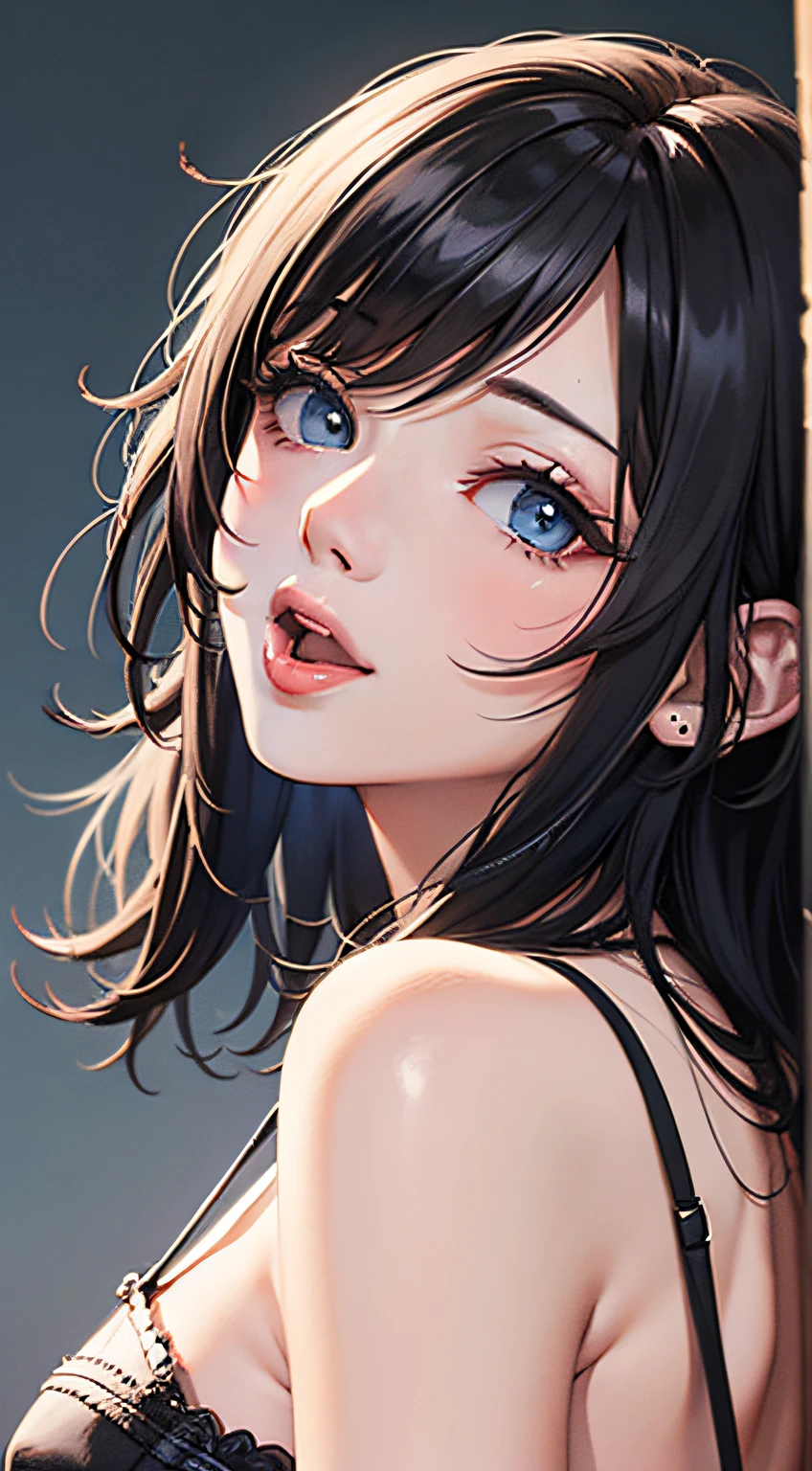 best quality, masterpiece,Black hair, blue eyes, looking up, upper body, wink,Sticking out tongue, close one eye