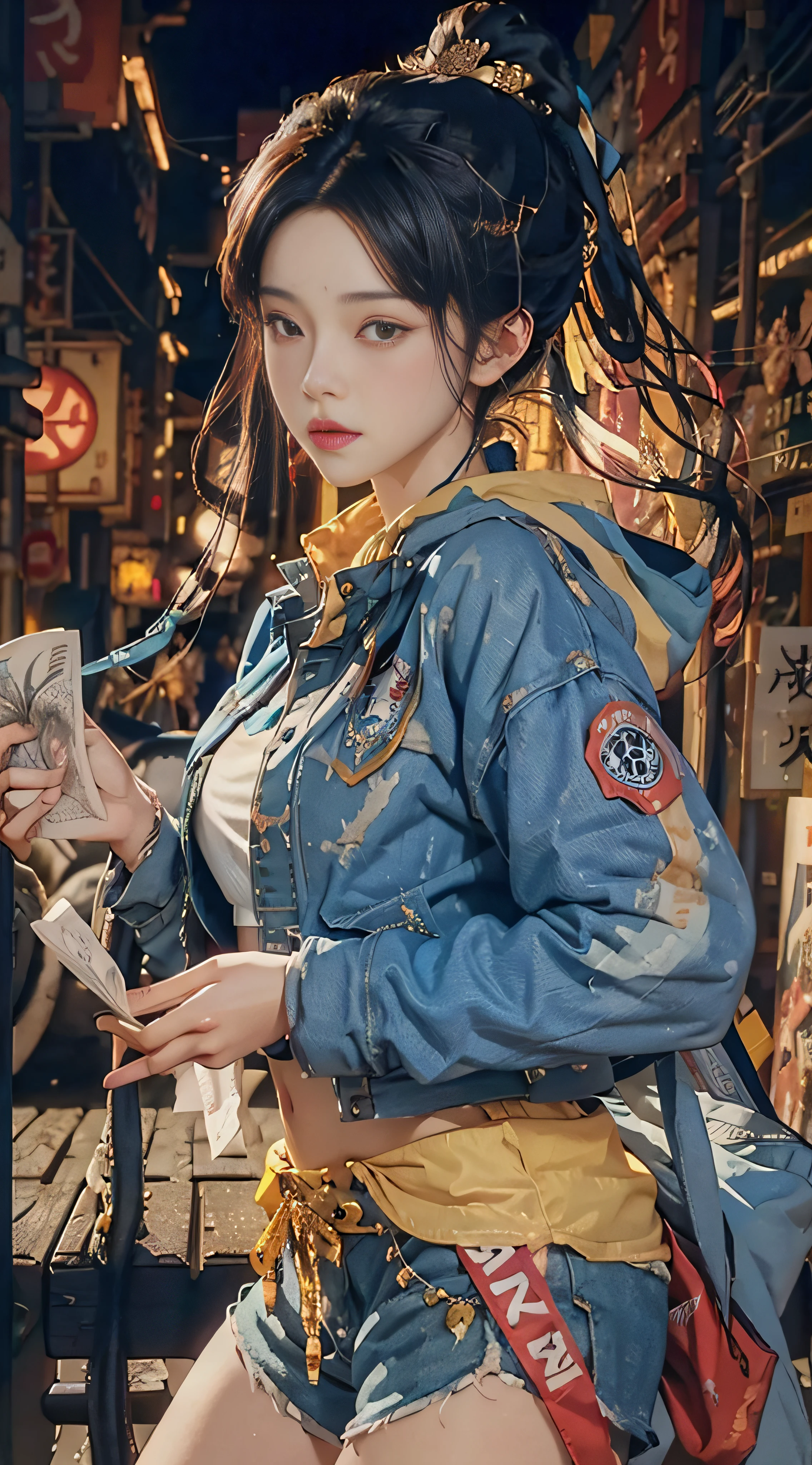 a close up of a woman in a blue jacket and shorts, she is wearing streetwear, artwork in the style of guweiz, newspaper style, guweiz, magazine collage style, e-girl, e - girl, trending on cgstation, japanese streetwear, anime style mixed with fujifilm, inspired by Yanjun Cheng, photorealistic!!!!!!! art style