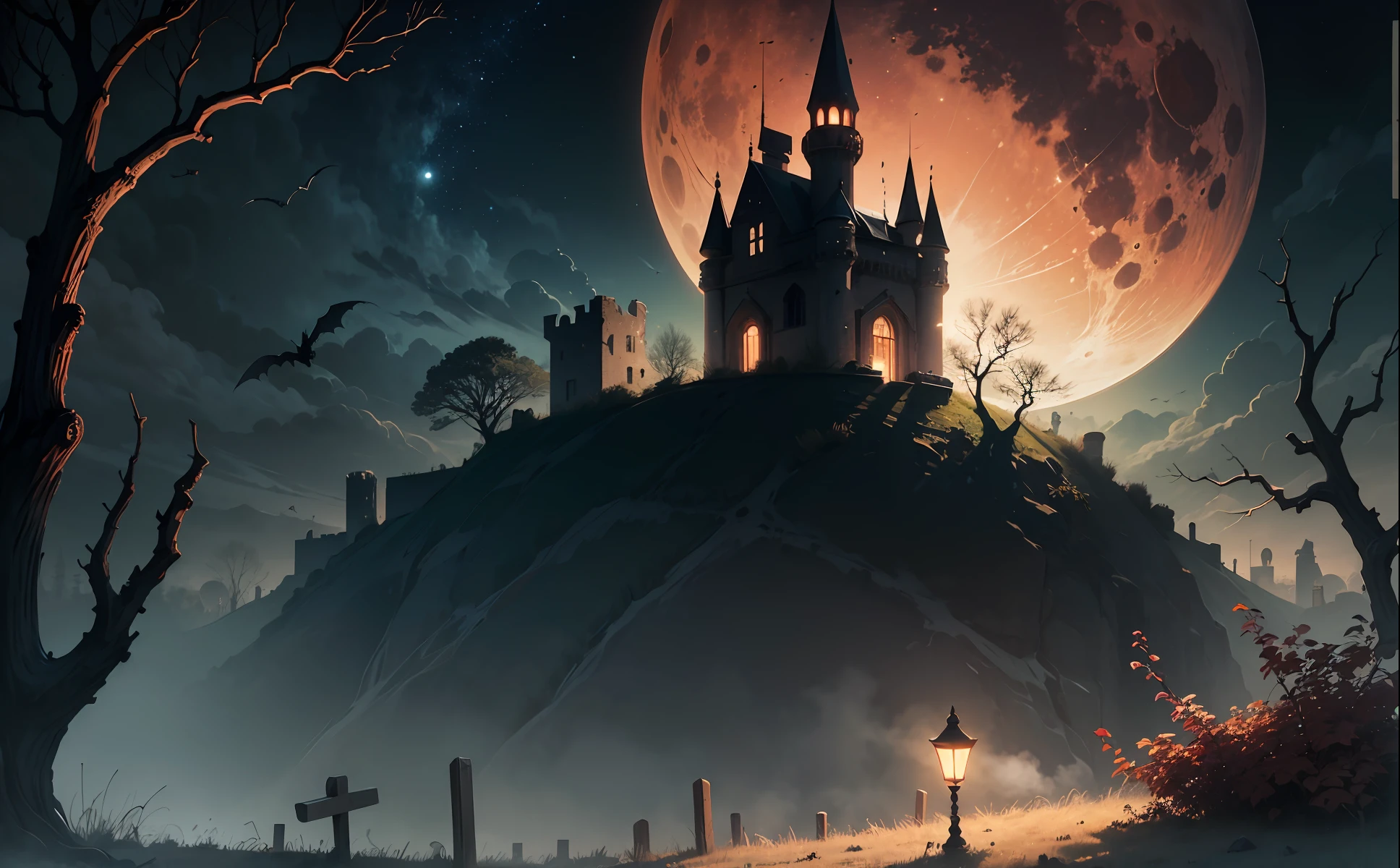 Ruined castle，night，Blood-red moon，Dead branches in the foreground，Barren meadows，bat，A black mist hangs over the castle，Fuel lamps，Cemetery，crucifix