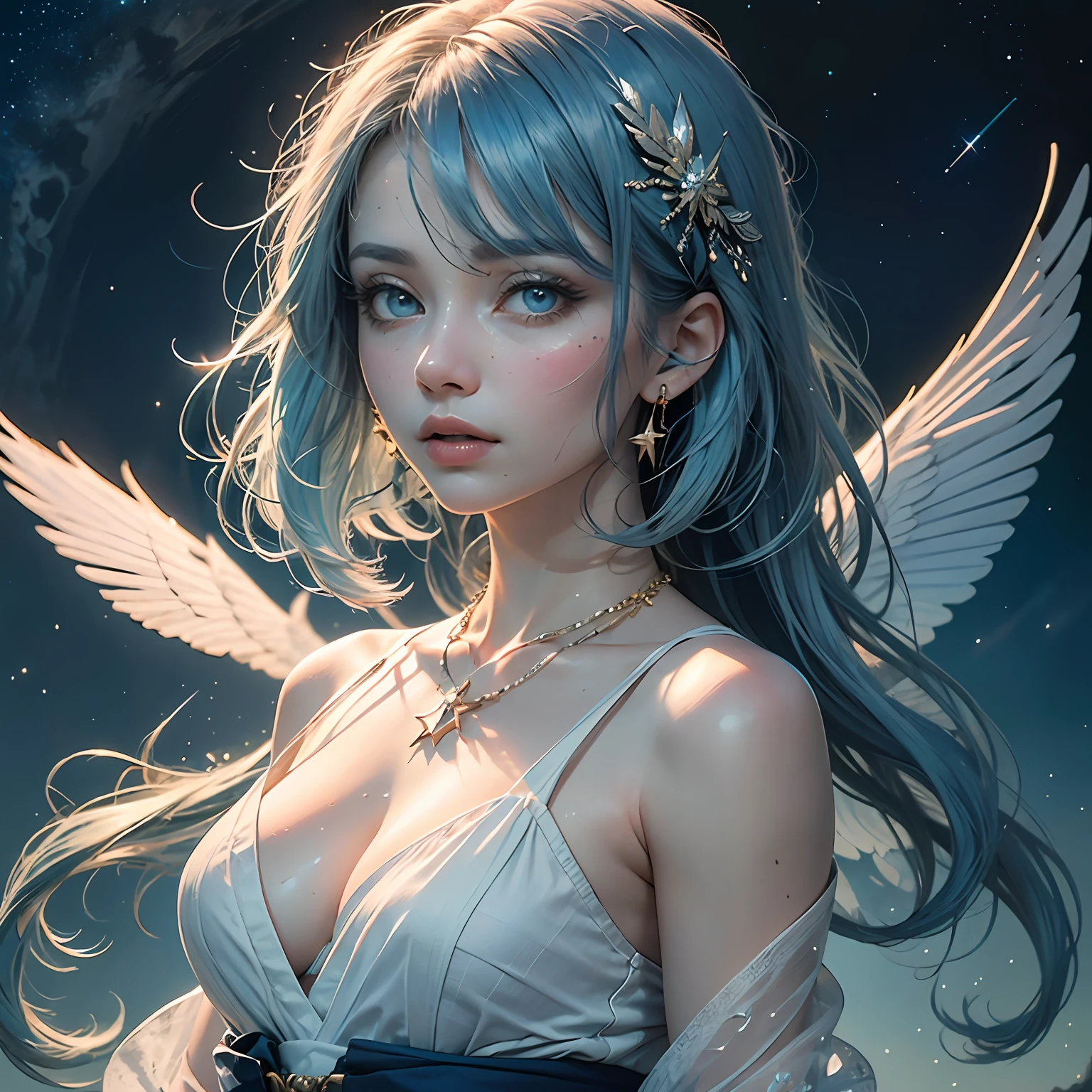 (masterpiece, top quality,best quality, official art, beautiful and aesthetic:1.2),Realistic picture quality,highly realistic,professional photography lighting,delicate eye shadow,8k,
Highly detailed and beautiful eyes,delicate and watery skin,guofeng,facial focus,(upper body),exquisite CG,exquisite and beautiful facial features,(Starry background:1.3),
(1 girl), ((solo)), (blue hair:1.5),
bare shoulders,(Upper body:1),dream,Perfect breasts,(delicate face),(The body above the abdomen:1),
(an extremely delicate and beautiful),(Beautiful and detailed facial depiction),large particles of water,Crystal,nchanting gaze, captivating pose, delicate wings, otherworldly charm,
(White and blue hanfu),necklace, --auto