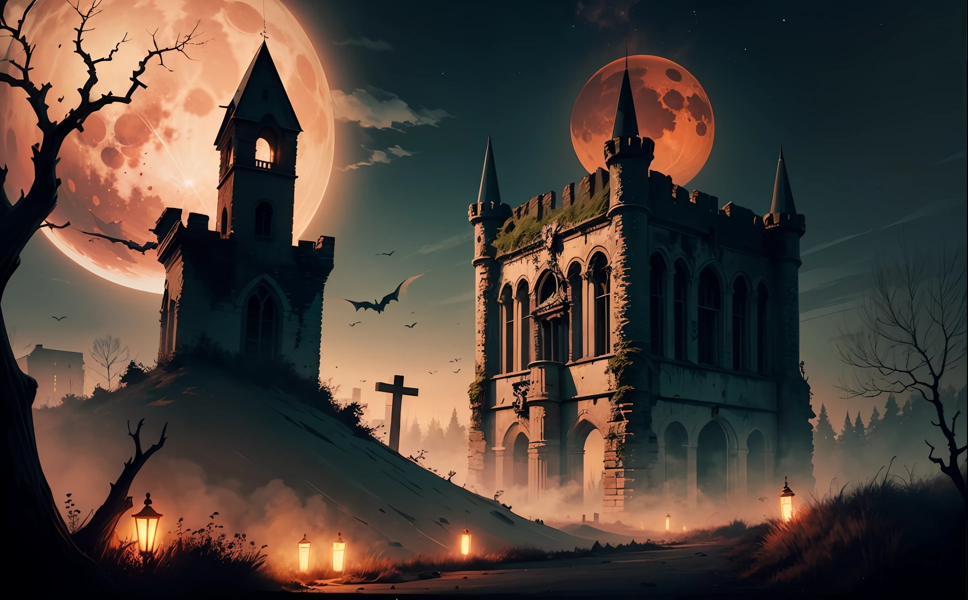 Ruined castle，night，Blood-red moon，Dead branches in the foreground，Barren meadows，bat，A black mist hangs over the castle，Fuel lamps，Cemetery，crucifix