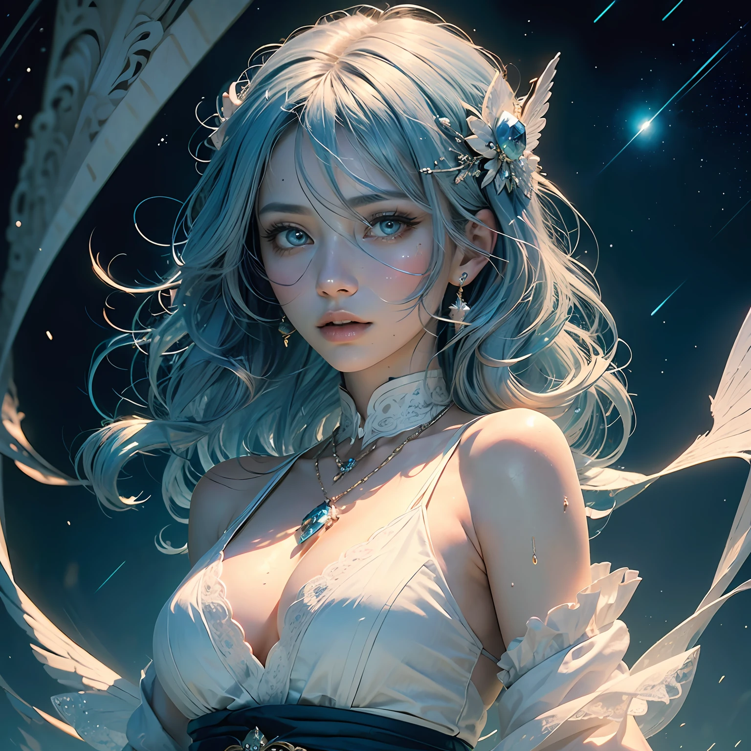 (masterpiece, top quality,best quality, official art, beautiful and aesthetic:1.2),Realistic picture quality,highly realistic,professional photography lighting,delicate eye shadow,8k,
Highly detailed and beautiful eyes,delicate and watery skin,guofeng,facial focus,(upper body),exquisite CG,exquisite and beautiful facial features,(Starry background:1.3),
(1 girl), ((solo)), (blue hair:1.5),
bare shoulders,(Upper body:1),dream,Perfect breasts,(delicate face),(The body above the abdomen:1),
(an extremely delicate and beautiful),(Beautiful and detailed facial depiction),large particles of water,Crystal,nchanting gaze, captivating pose, delicate wings, otherworldly charm,
(White and blue hanfu),necklace, --auto
