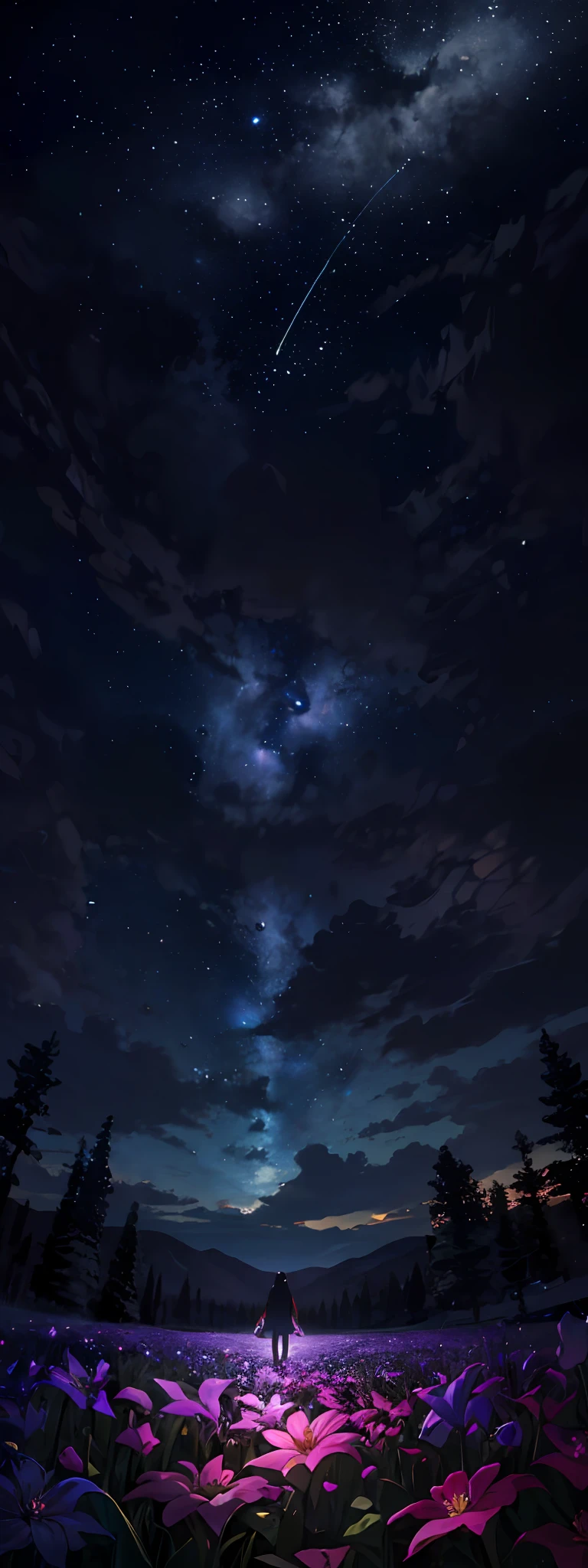 Expansive landscape photograph，（pov from below，Above is the sky，Below are open fields），A girl standing on a flower field looking up，White long hair，red color Hanfu，（Full moon：1.2），（shooting stars：0.9），（nebulas：1.3），distant mountain, Tree BREAK making art，（Warm light source：1.2），（fireflys：1.2），lamps，Lots of purple and orange，complicated detail，Volumetric lighting BREAK（The Masterpiece：1.2），（best qulity），4K，hyper detailed，（Dynamic composition：1.4），well detailed，rich color，（iridescent colors：1.2），（glowing with，Atmospheric lighting），dreamlike，magical，（独奏：1.2）