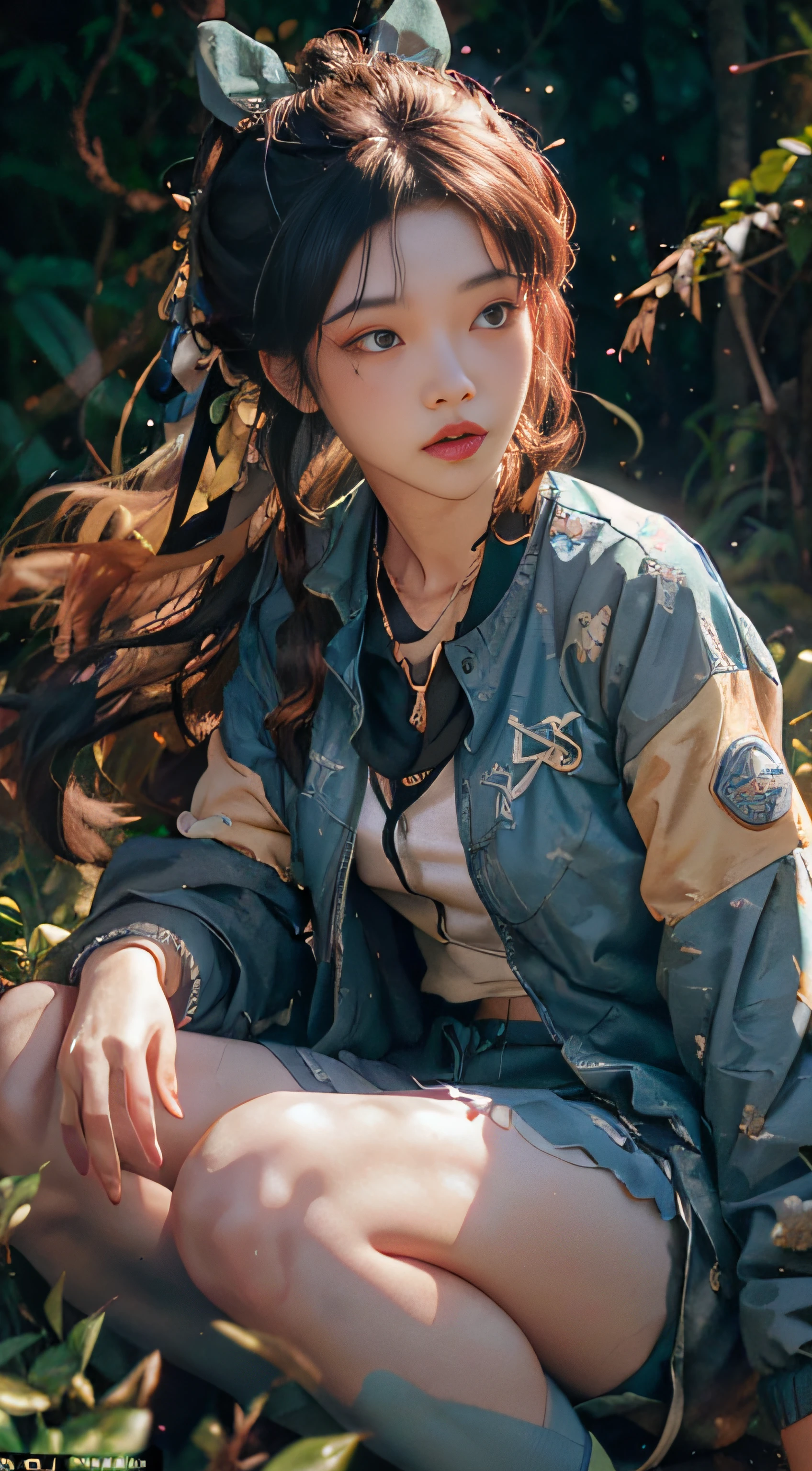 Close-up of a woman in a blue jacket and shorts, she is dressed in streetwear, neat rice seedlings in the field, forest, hillside, secluded, rural, HD detail, hyperdetail, cinematic, surrealism, soft light, deep field focus bokeh, ray tracing and surrealism. Black stockings, beautiful eyes,