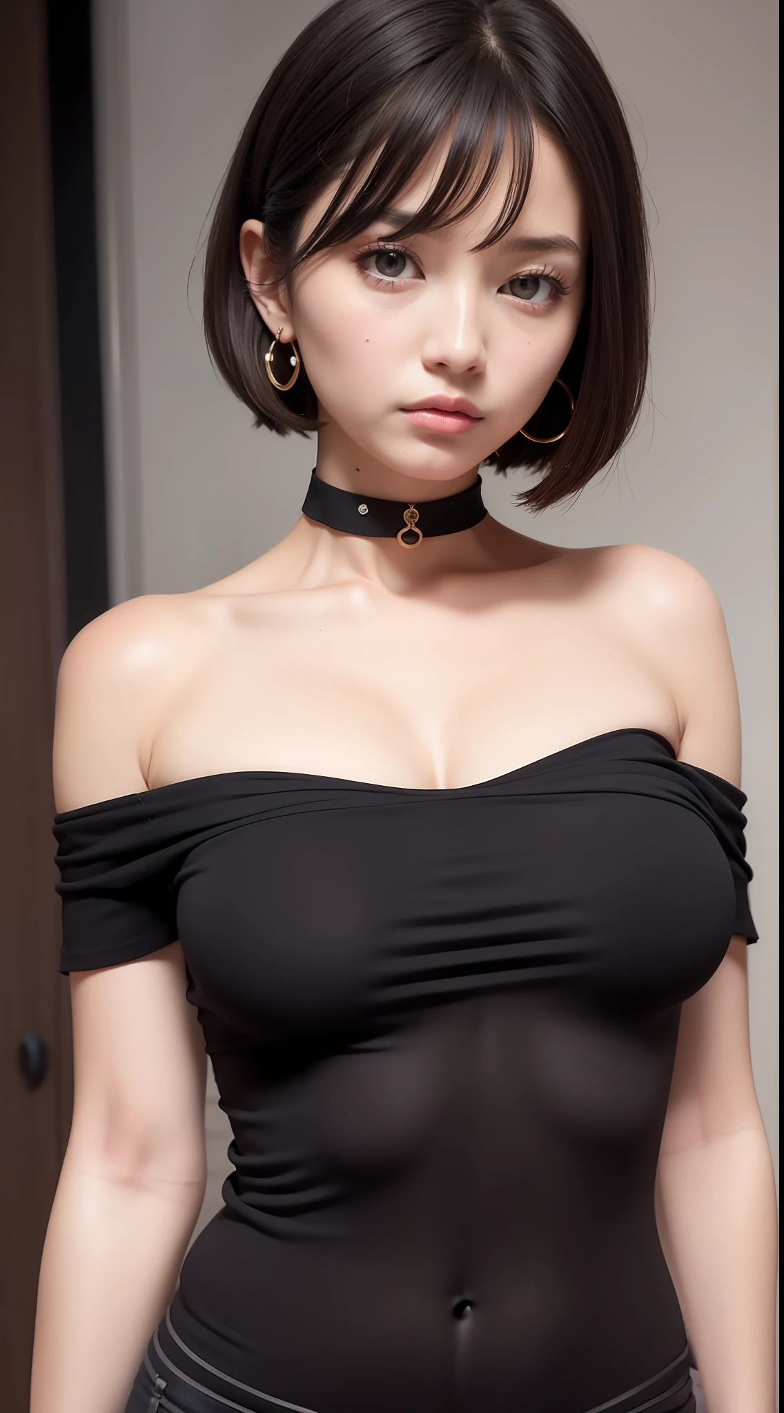 The Masterpiece、best qualiy、Raw photo、photorealestic、big boob、face lights、shinny skin、high - resolution、super-detail、shinny skin、ear ring、Black choker、blackhair、short haired、Wearing off-the-shoulder clothing